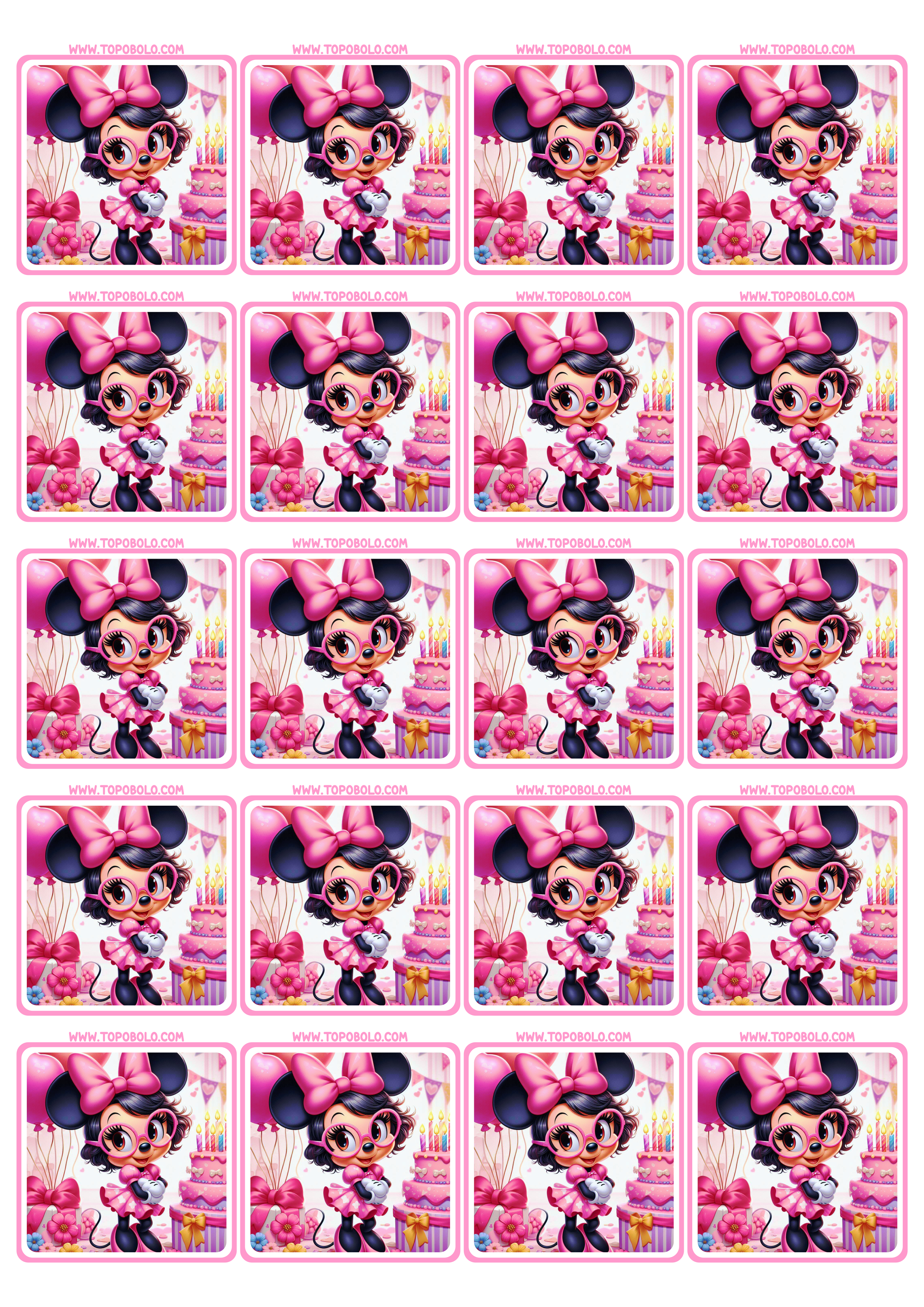 Minnie mouse Rosa tags de aniversário adesivo para imprimir 20 imagens png