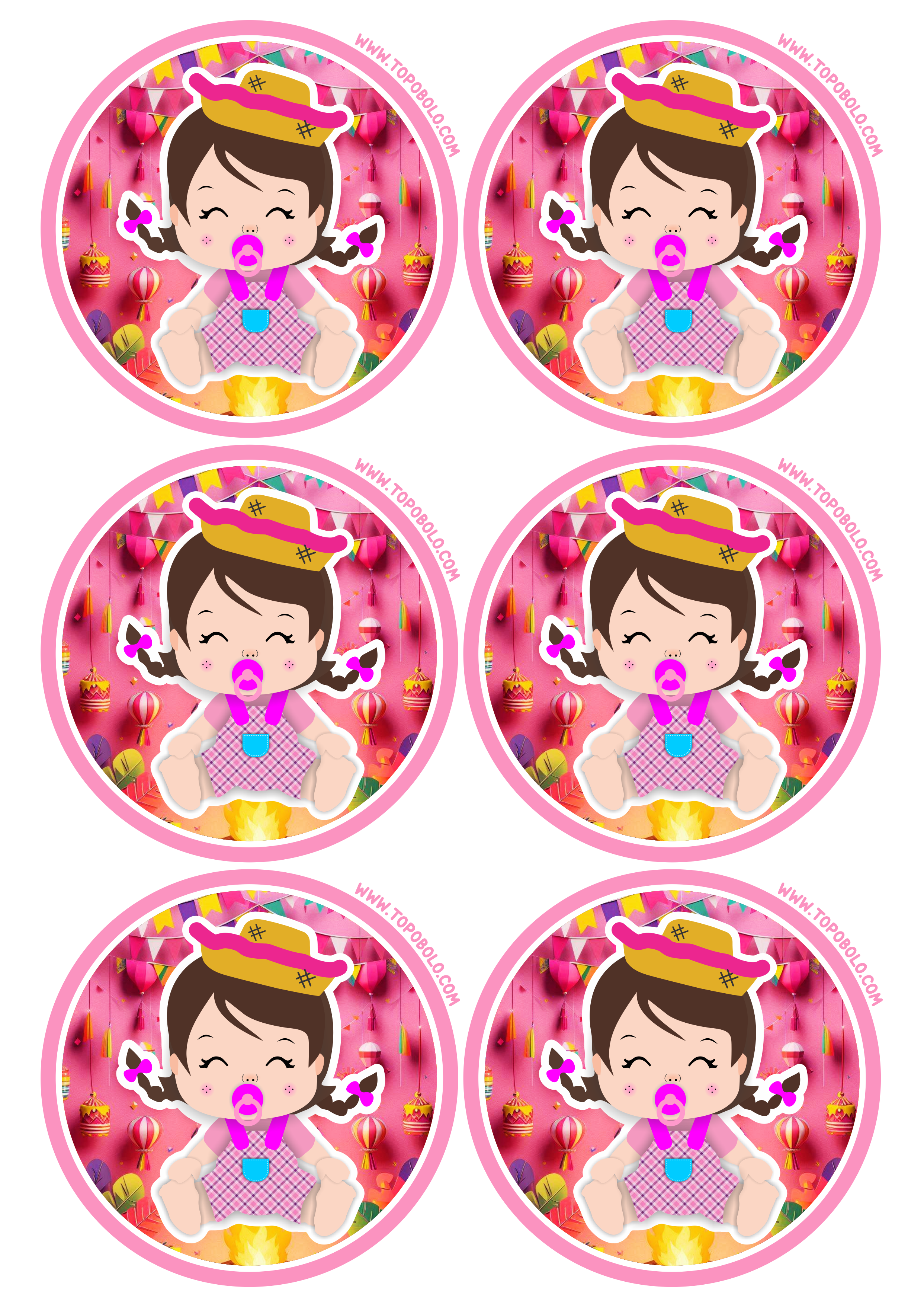 Festa junina adesivo redondo para chá de fralda baby tag sticker arraial rosa 6 imagens png