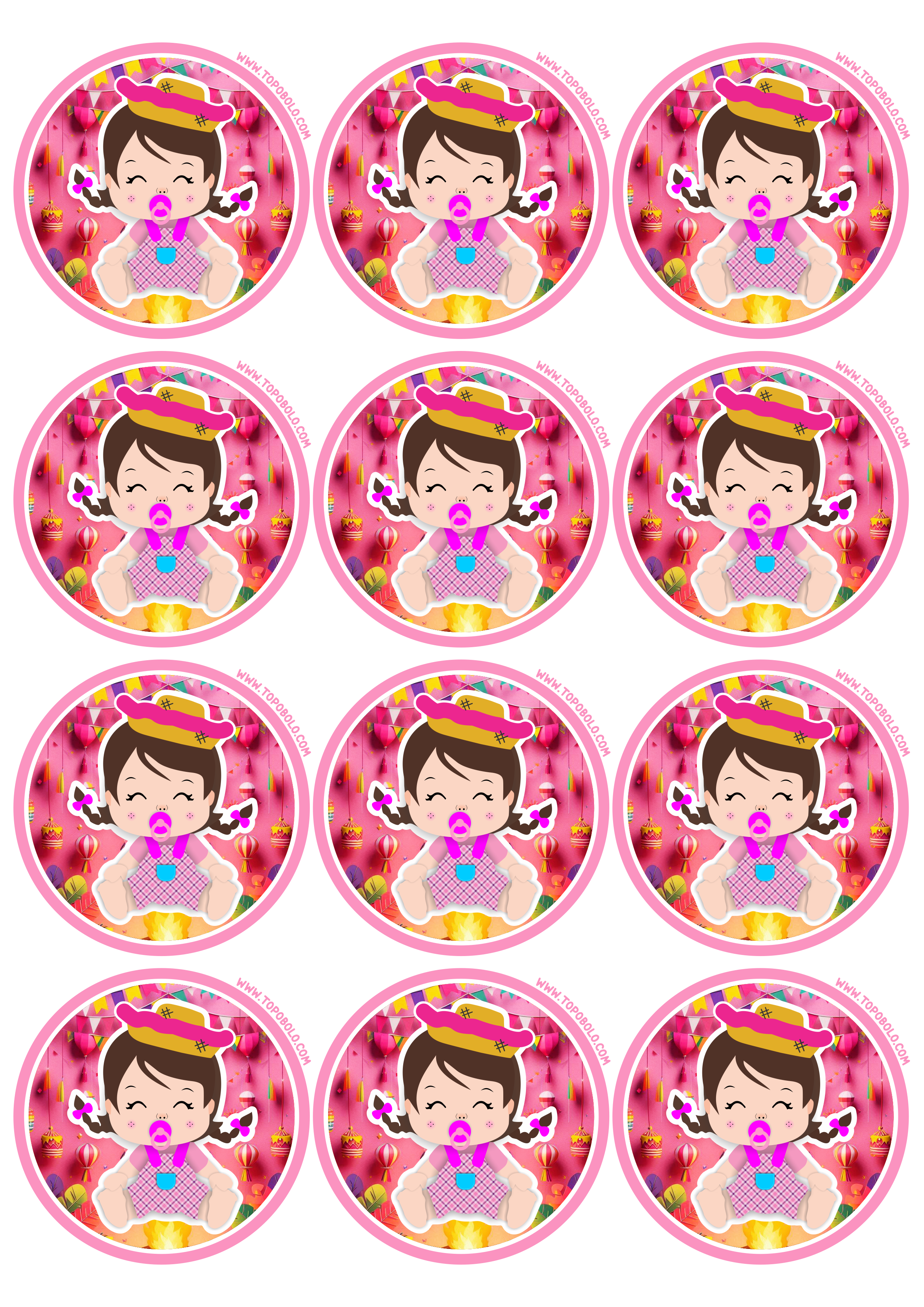 Festa junina adesivo redondo para chá de fralda baby tag sticker arraial rosa 12 imagens png