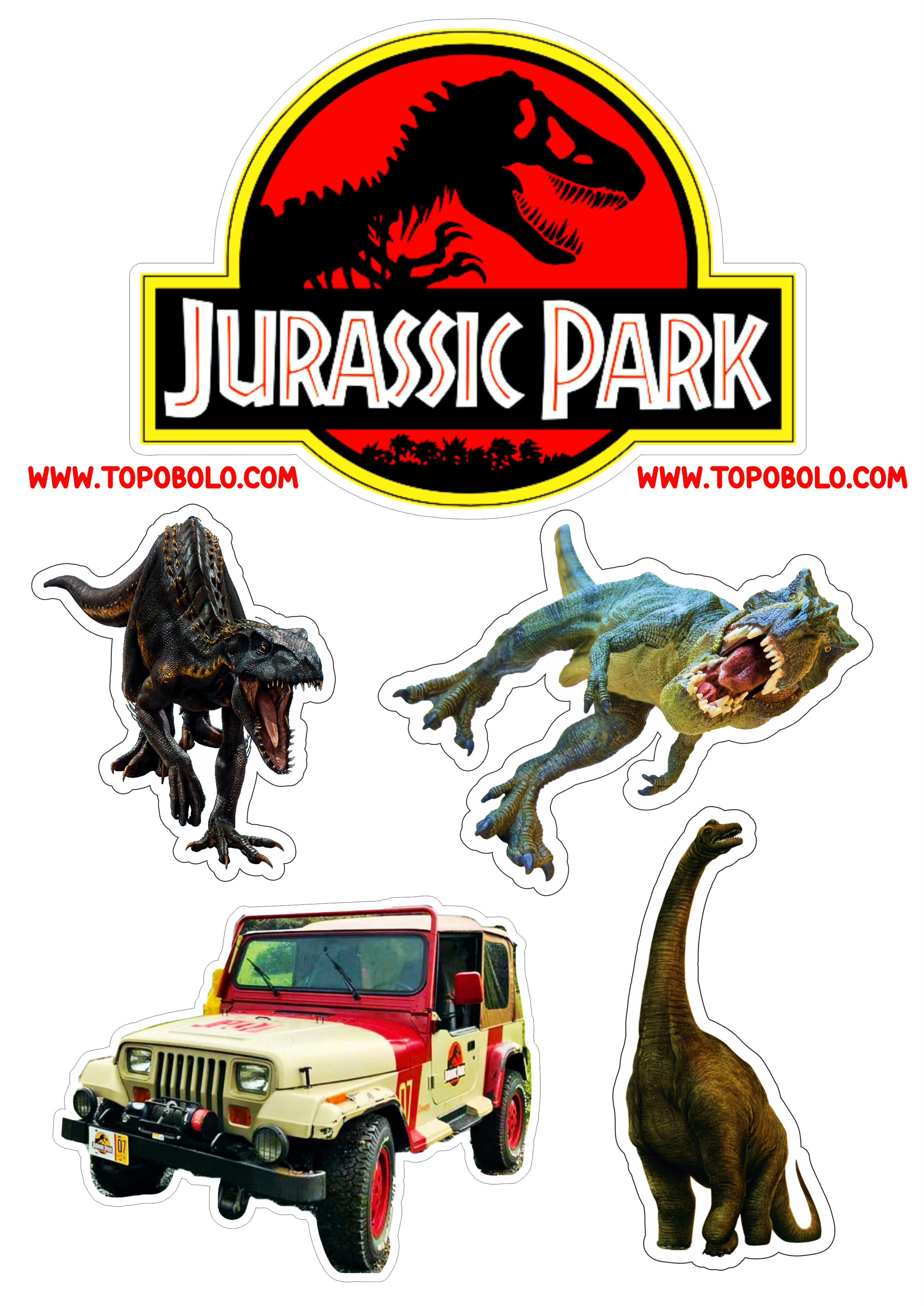 Topo de bolo para baixar Jurassic Park dinossauros aniversário infantil tiranossauro Rex carro jeep png