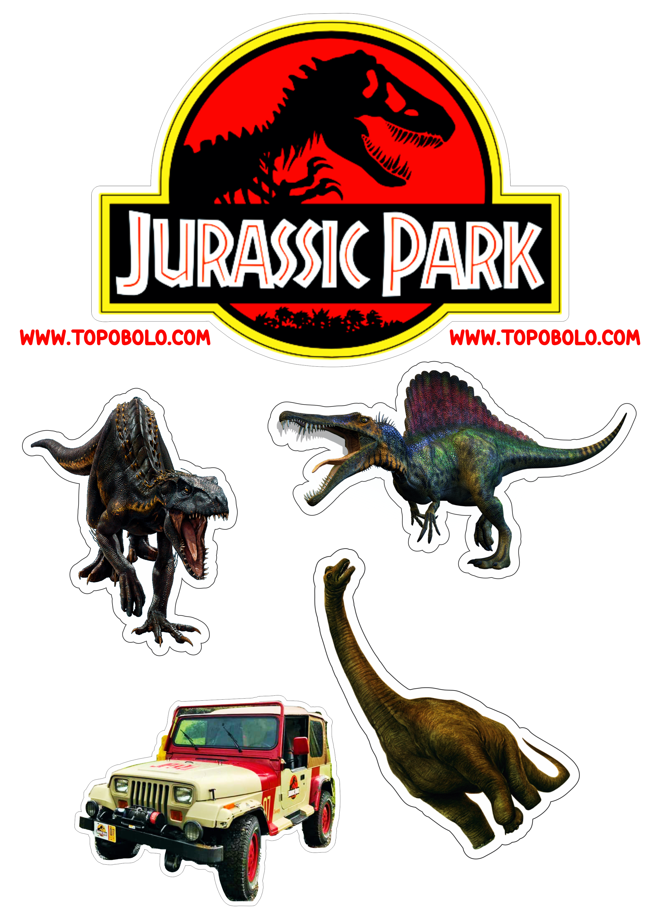 Topo de bolo para baixar Jurassic Park dinossauros aniversário infantil imagens com contorno carro jeep png