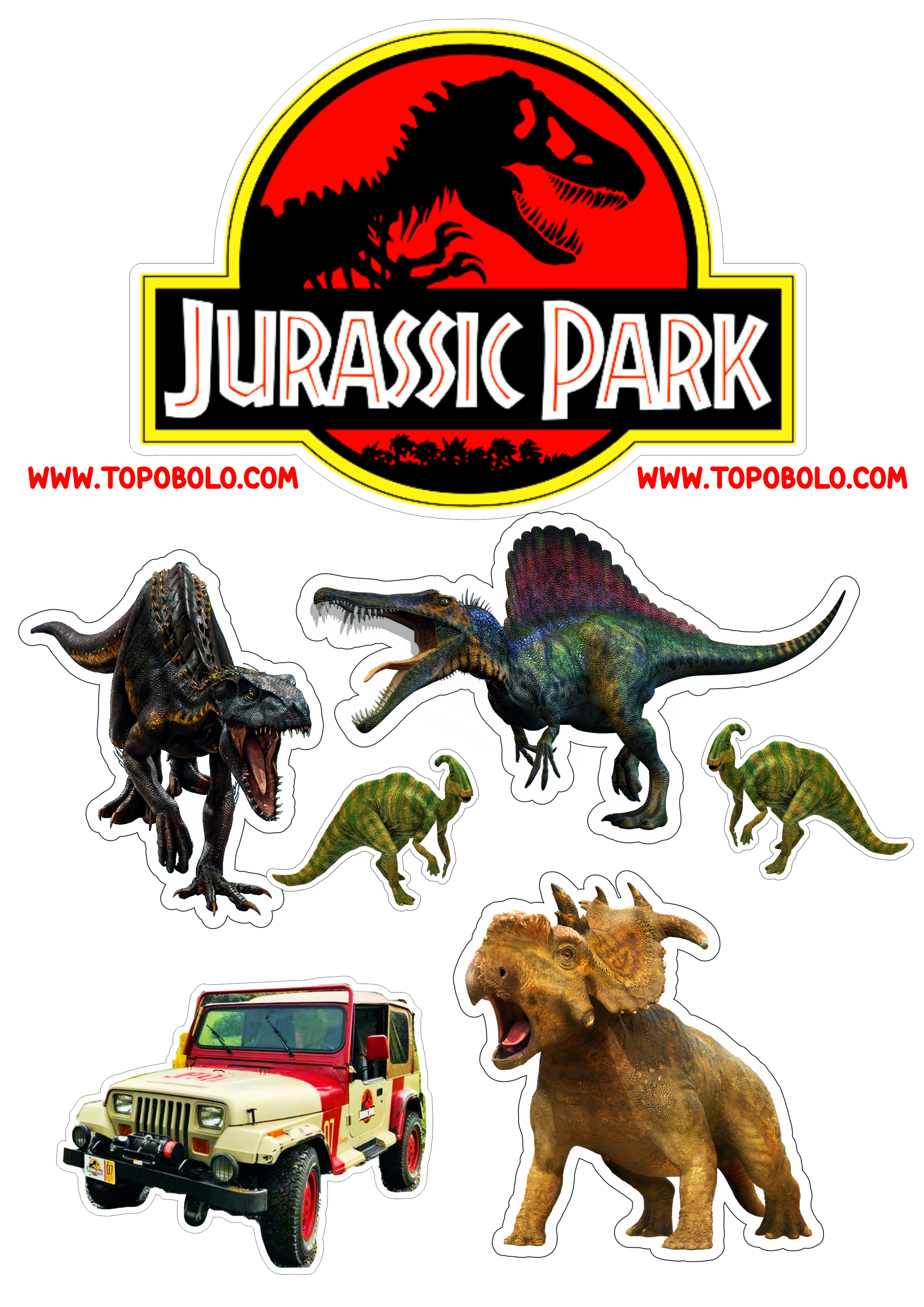 Topo de bolo para baixar Jurassic Park dinossauros aniversário infantil imagens com contorno carro jeep free png