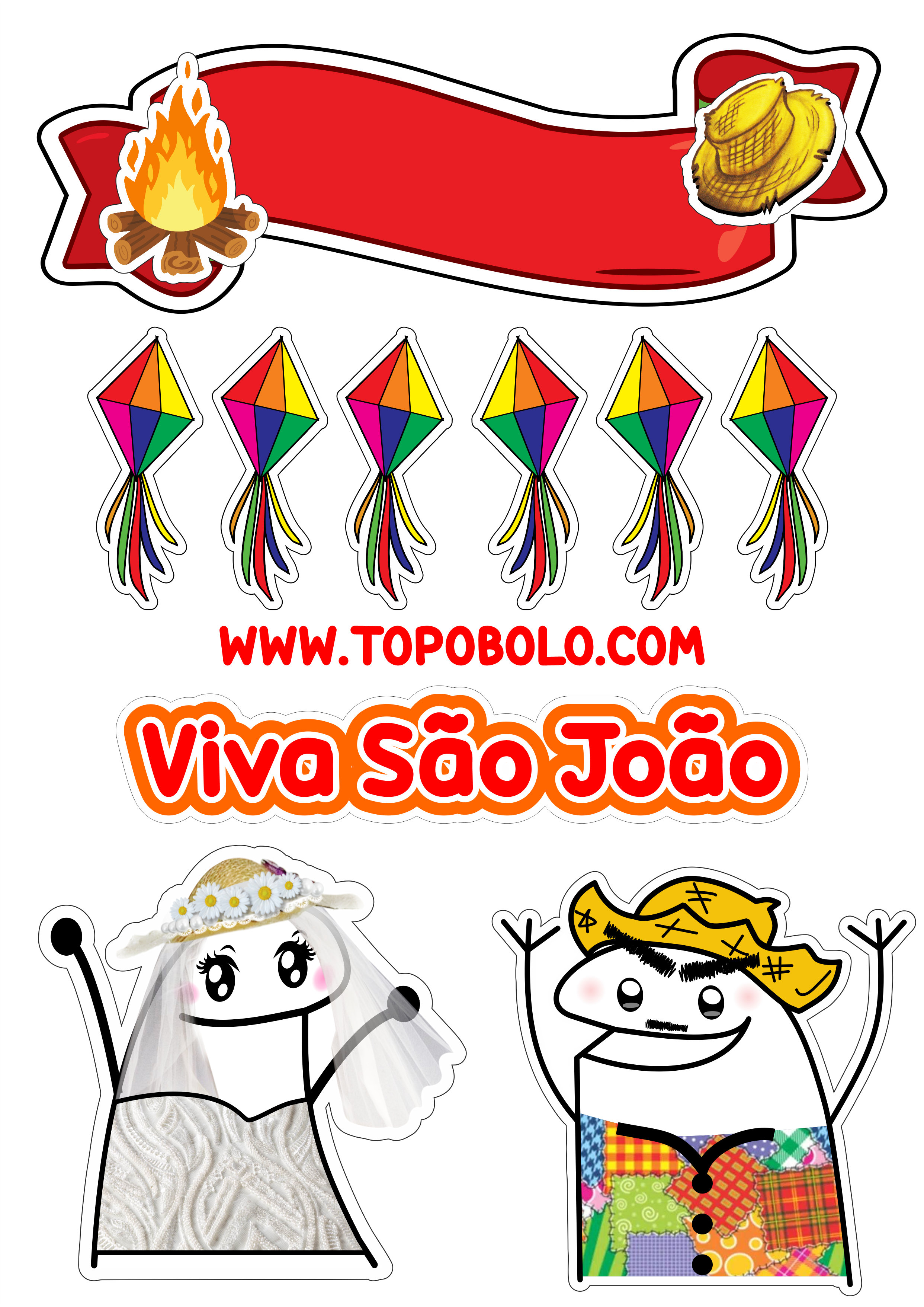 Topo de bolo para imprimir flork festa junina viva São João quadrilha caipira balões decoração png
