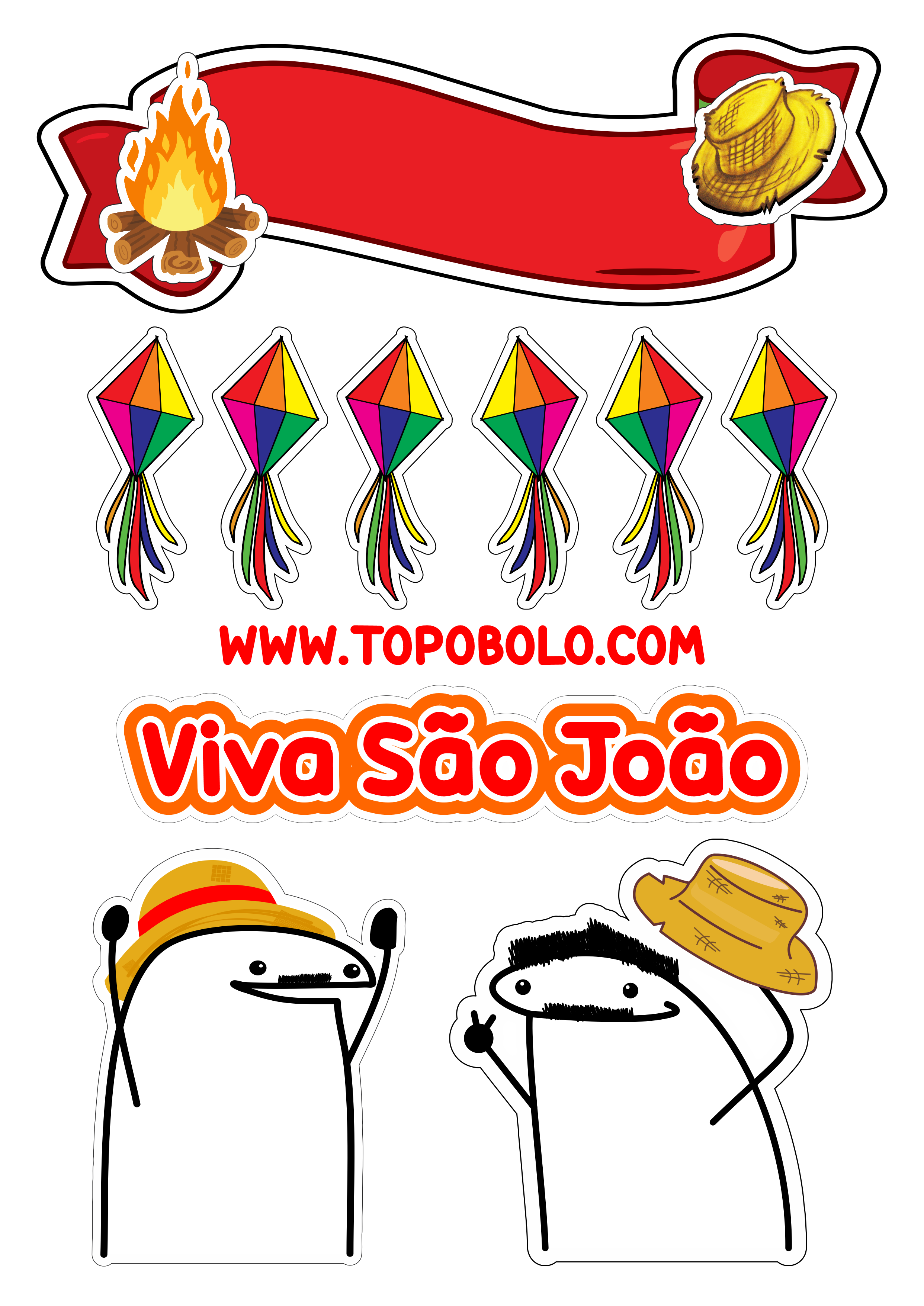 Topo de bolo para imprimir flork festa junina viva São João quadrilha caipira balões decoração de festa png