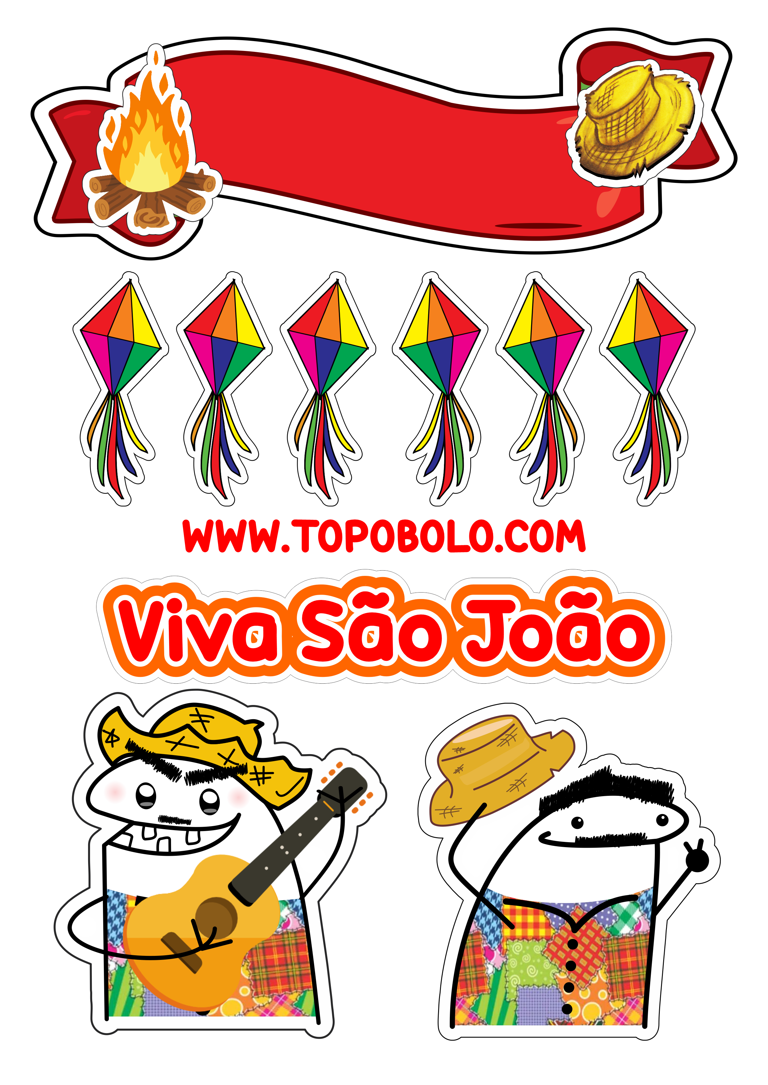 Topo de bolo para imprimir flork festa junina viva São João quadrilha caipira balões decoração de festa aniversário personalizado png
