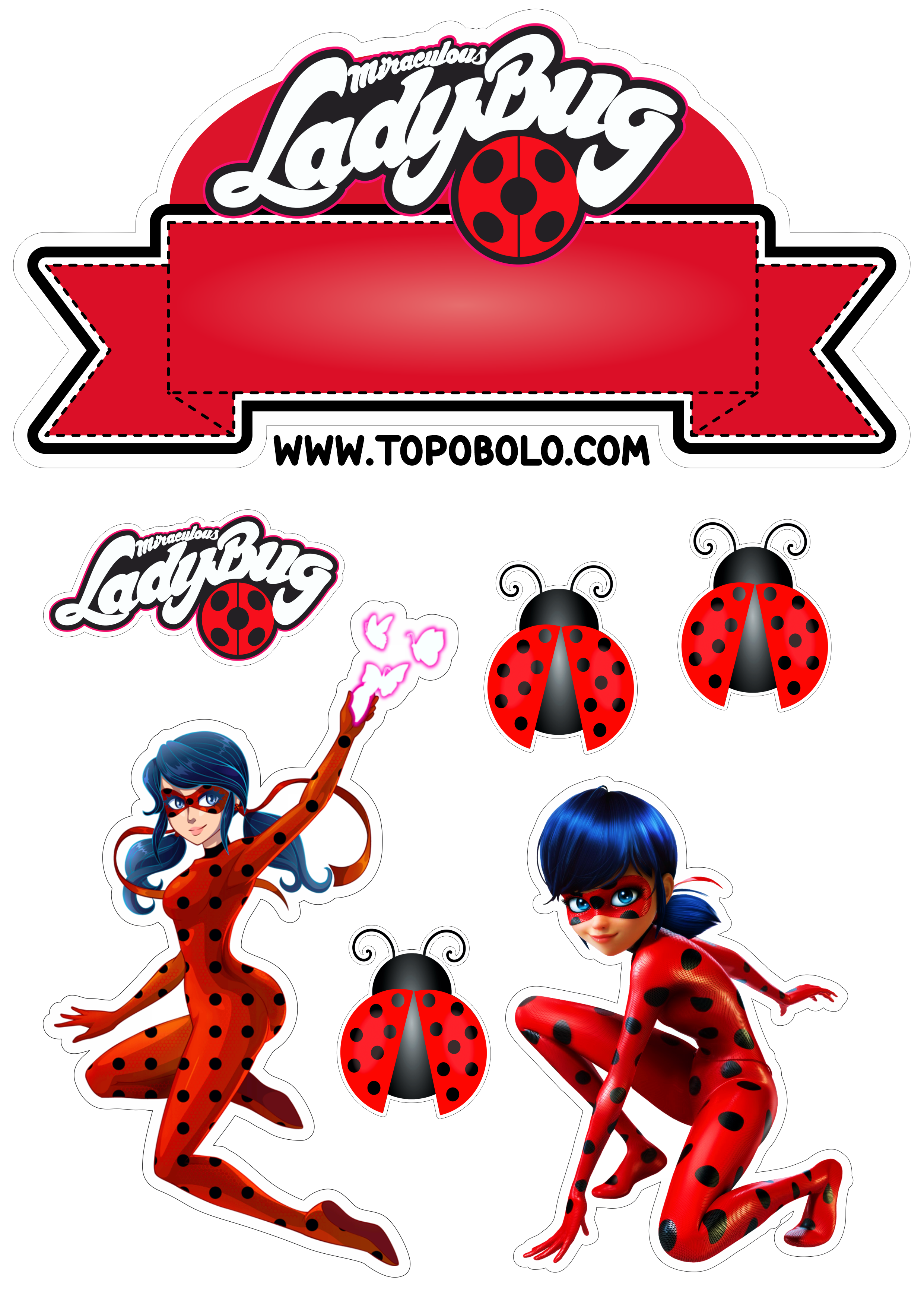 Topo de bolo para imprimir Miraculous Ladybug aniversário infantil desenho animado animação png