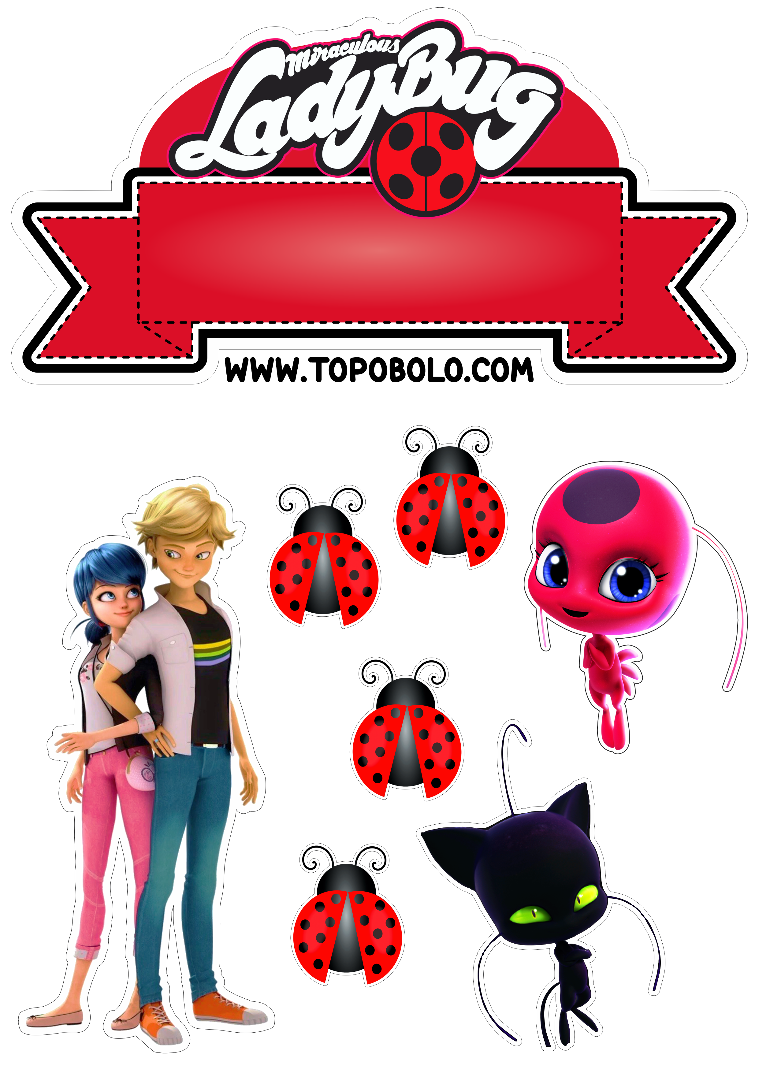 Topo de bolo para imprimir Miraculous Ladybug aniversário infantil desenho animado animação personalizado confeitaria png