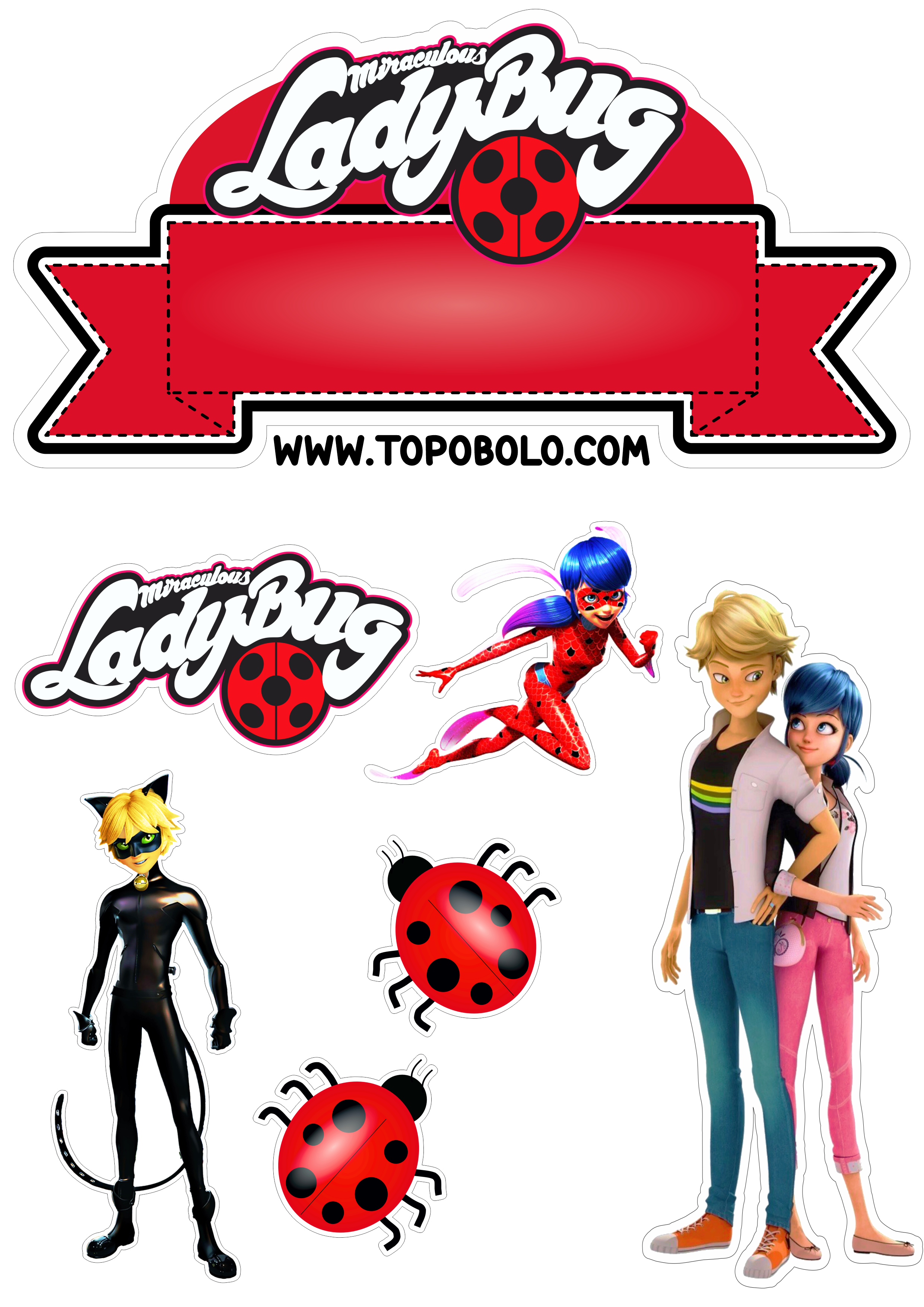 Topo de bolo para imprimir Miraculous Ladybug aniversário infantil desenho animado animação personalizado papelaria png