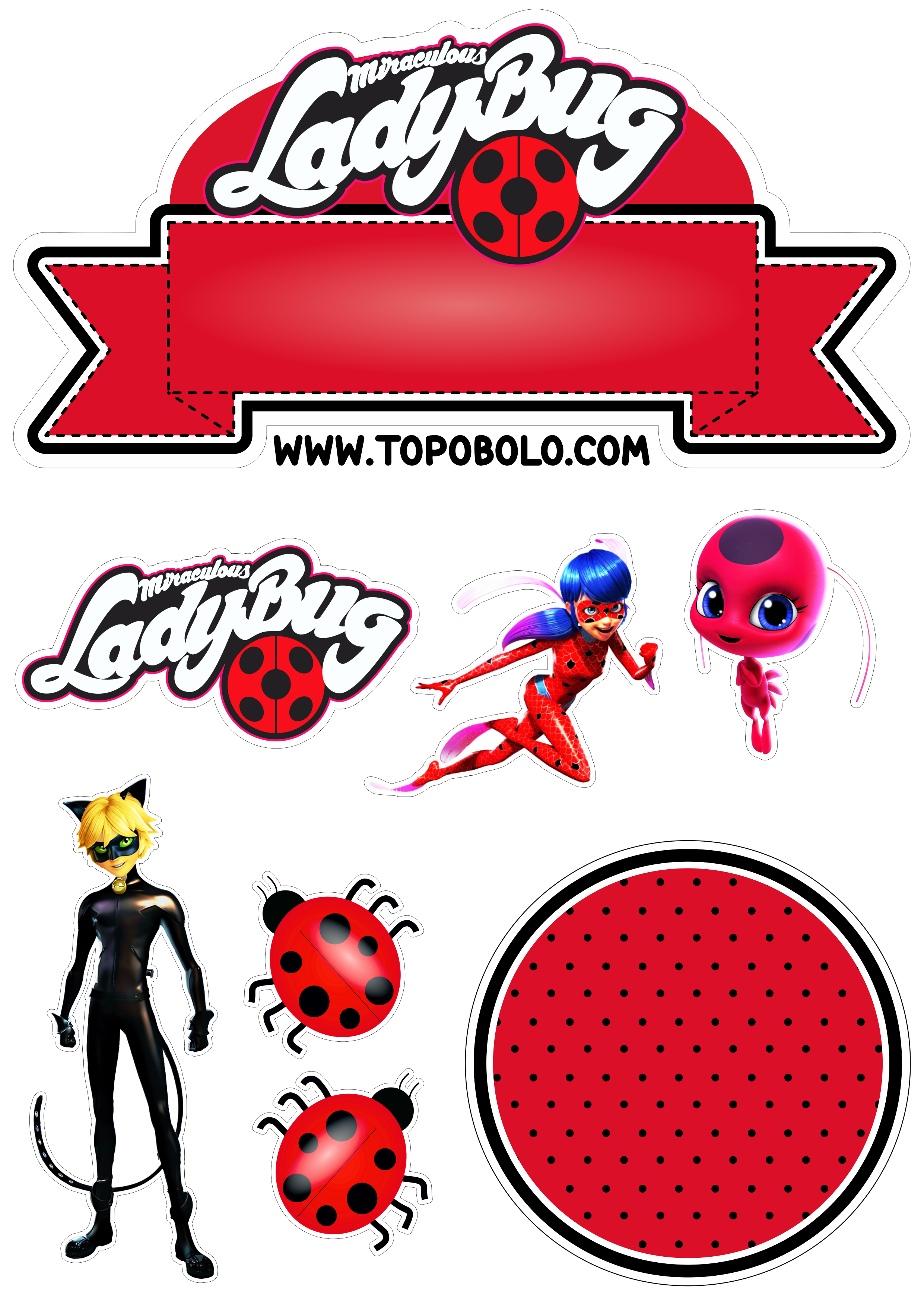 Topo de bolo para imprimir Miraculous Ladybug aniversário infantil desenho animado animação personalizado papelaria criativa png