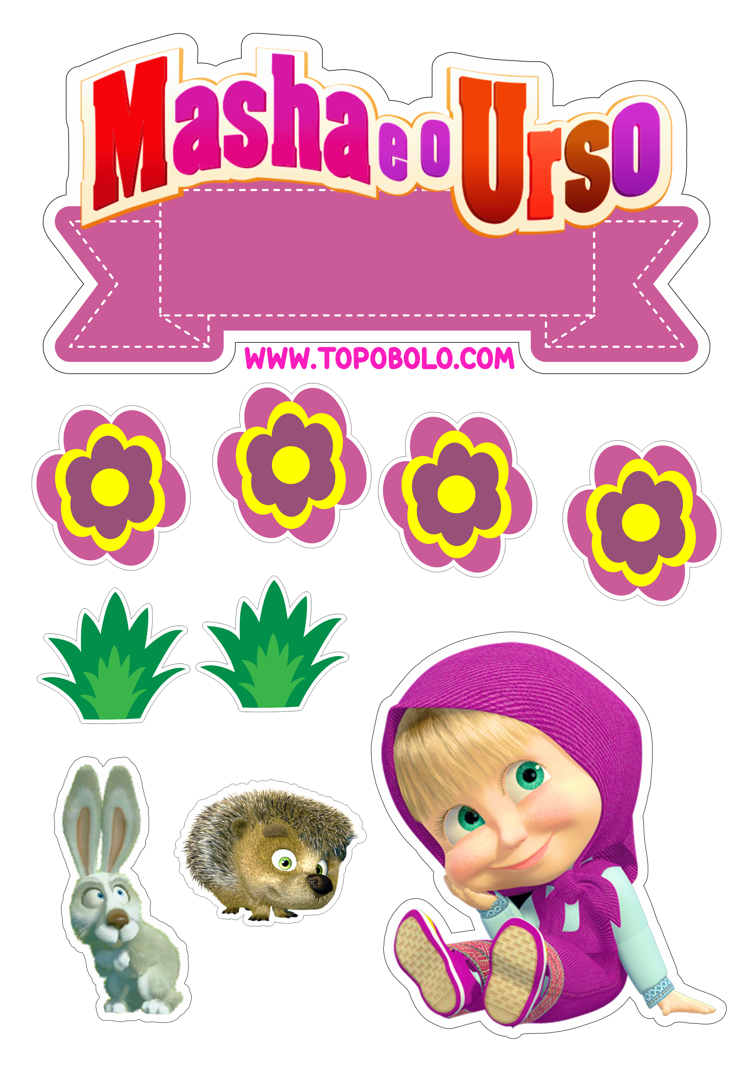 Topo de bolo Masha e o Urso decoração de aniversário infantil animação download png