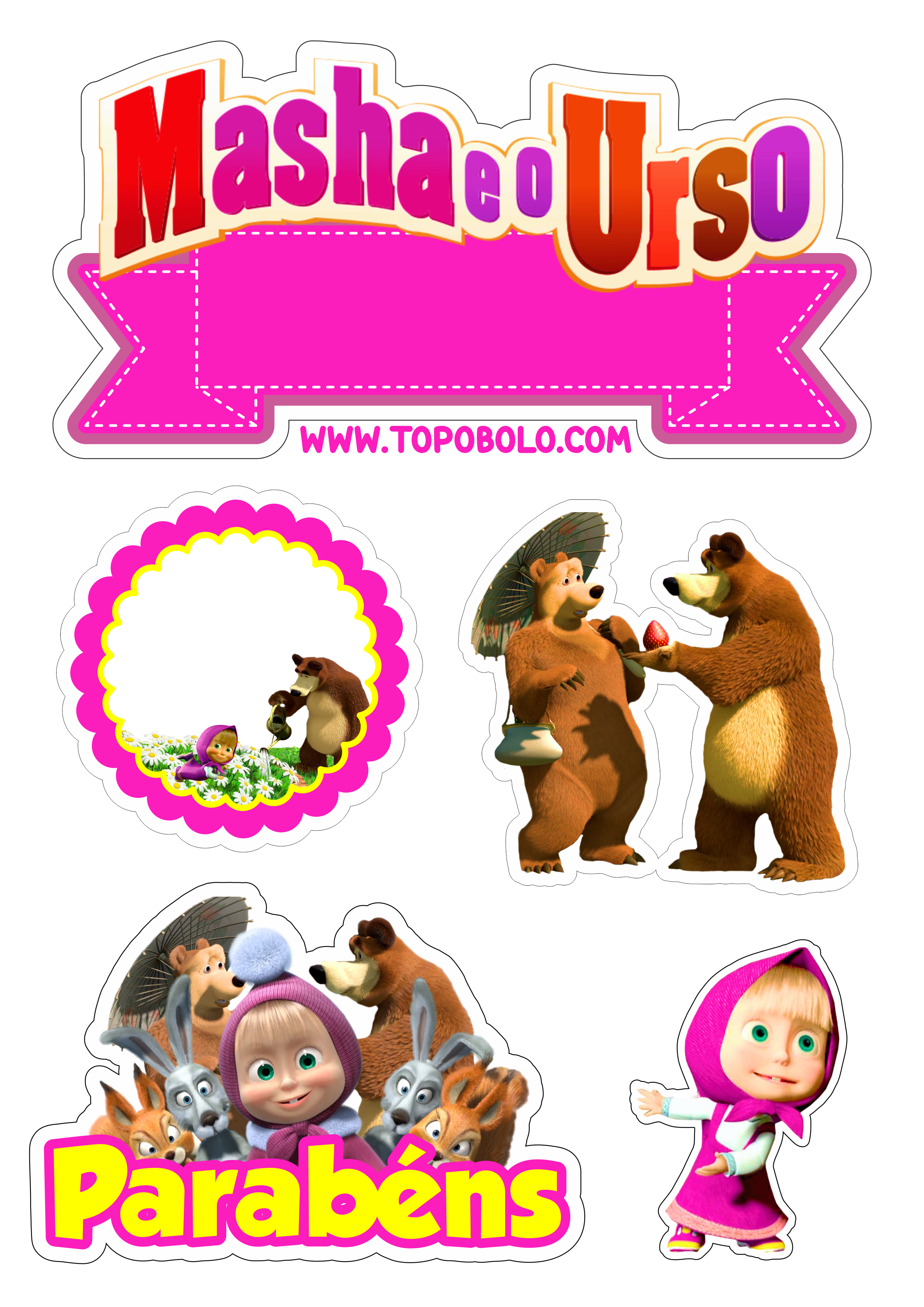 Topo de bolo Masha e o Urso decoração de aniversário infantil animação download grátis papelaria png
