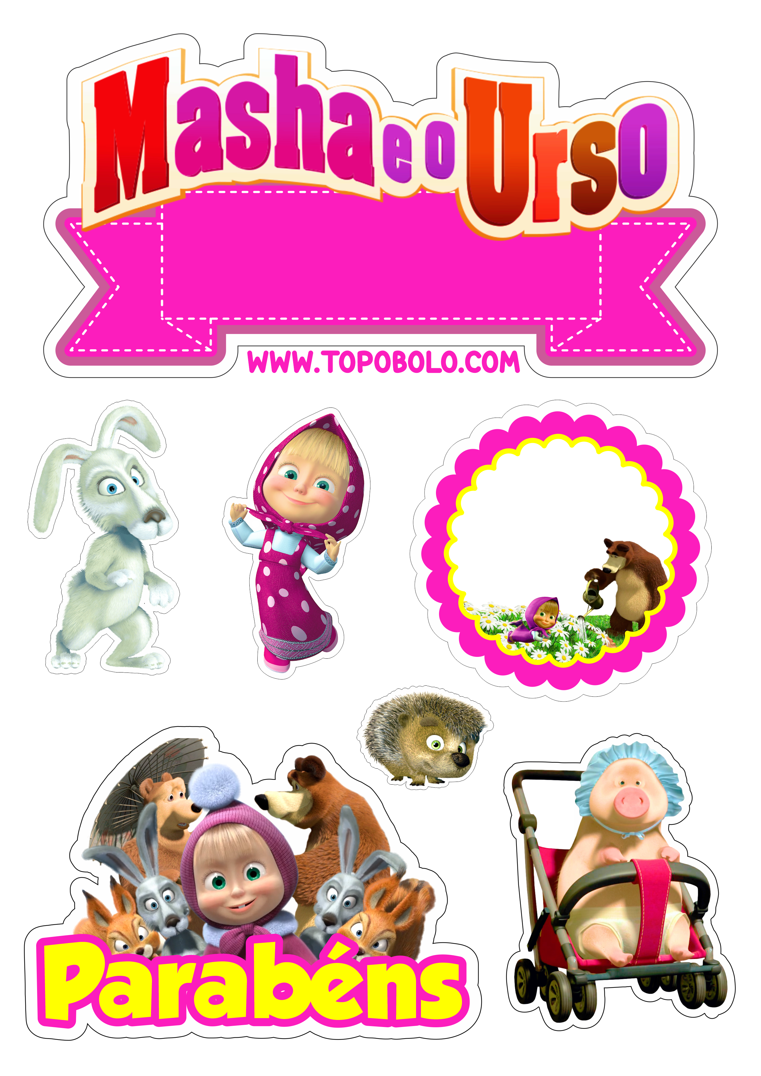 Topo de bolo Masha e o Urso decoração de aniversário infantil animação download grátis papelaria criativa png