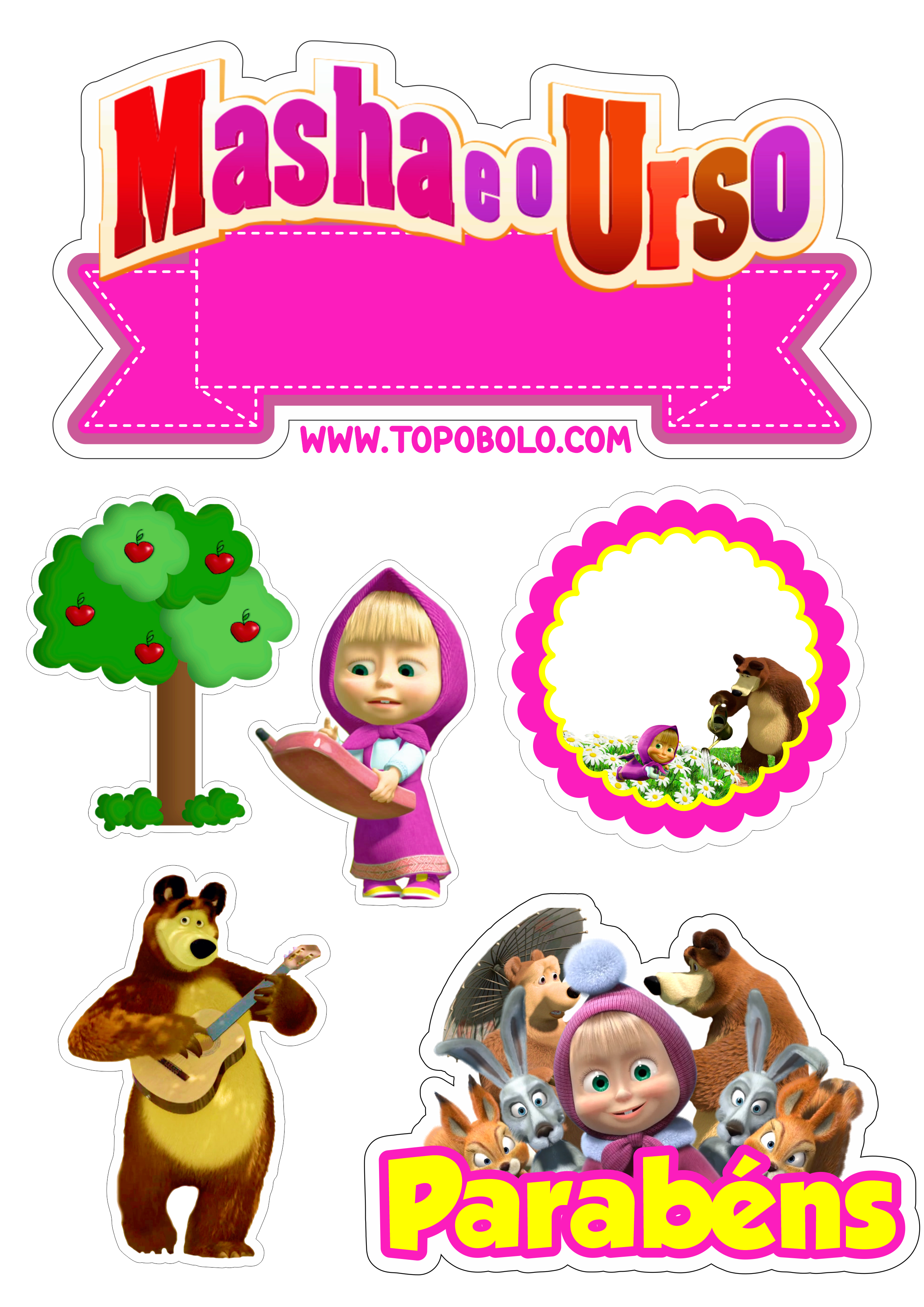 Topo de bolo Masha e o Urso decoração de aniversário infantil animação download grátis papelaria criativa designer png