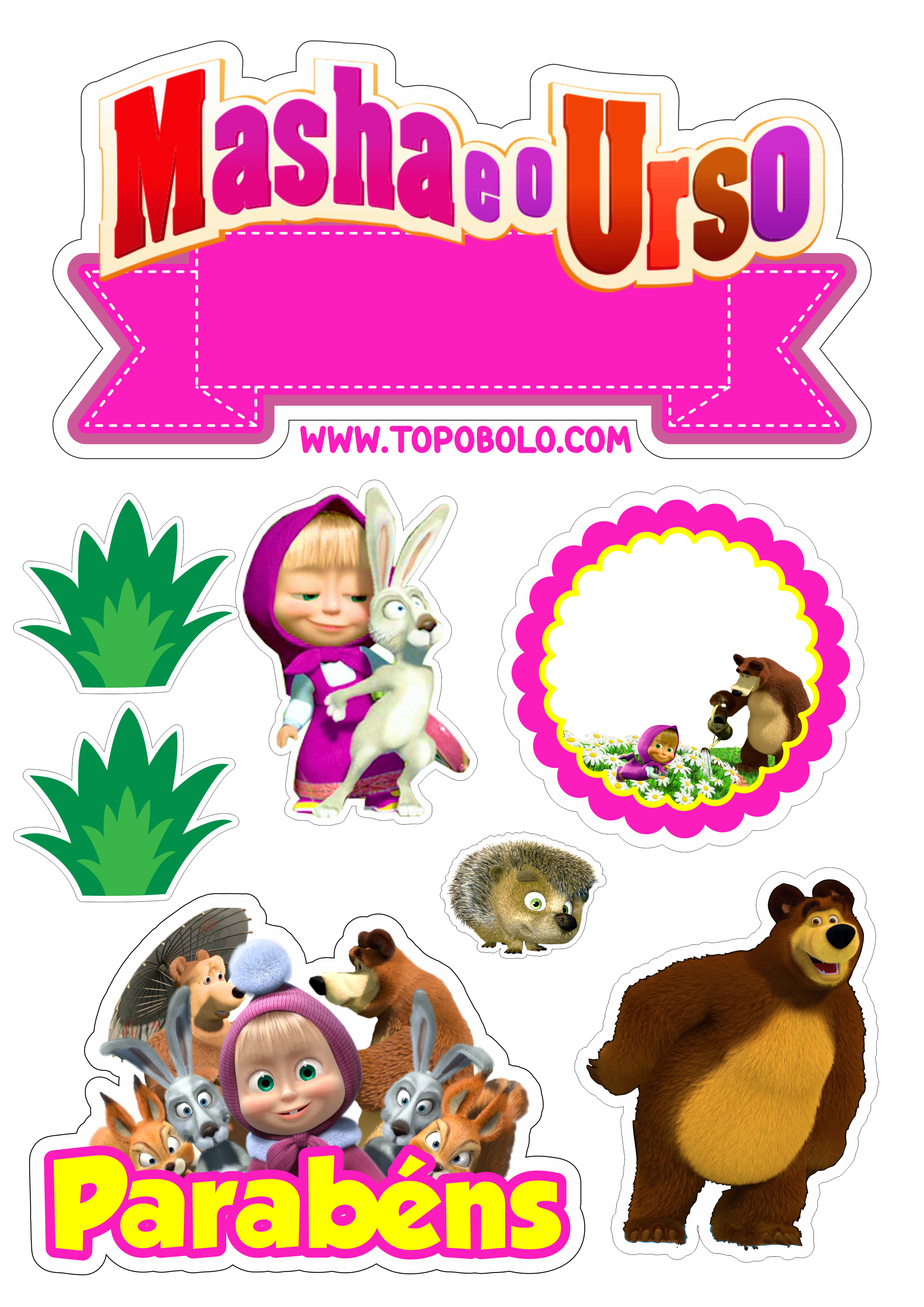 Topo de bolo Masha e o Urso decoração de aniversário infantil animação download grátis papelaria criativa designer free png