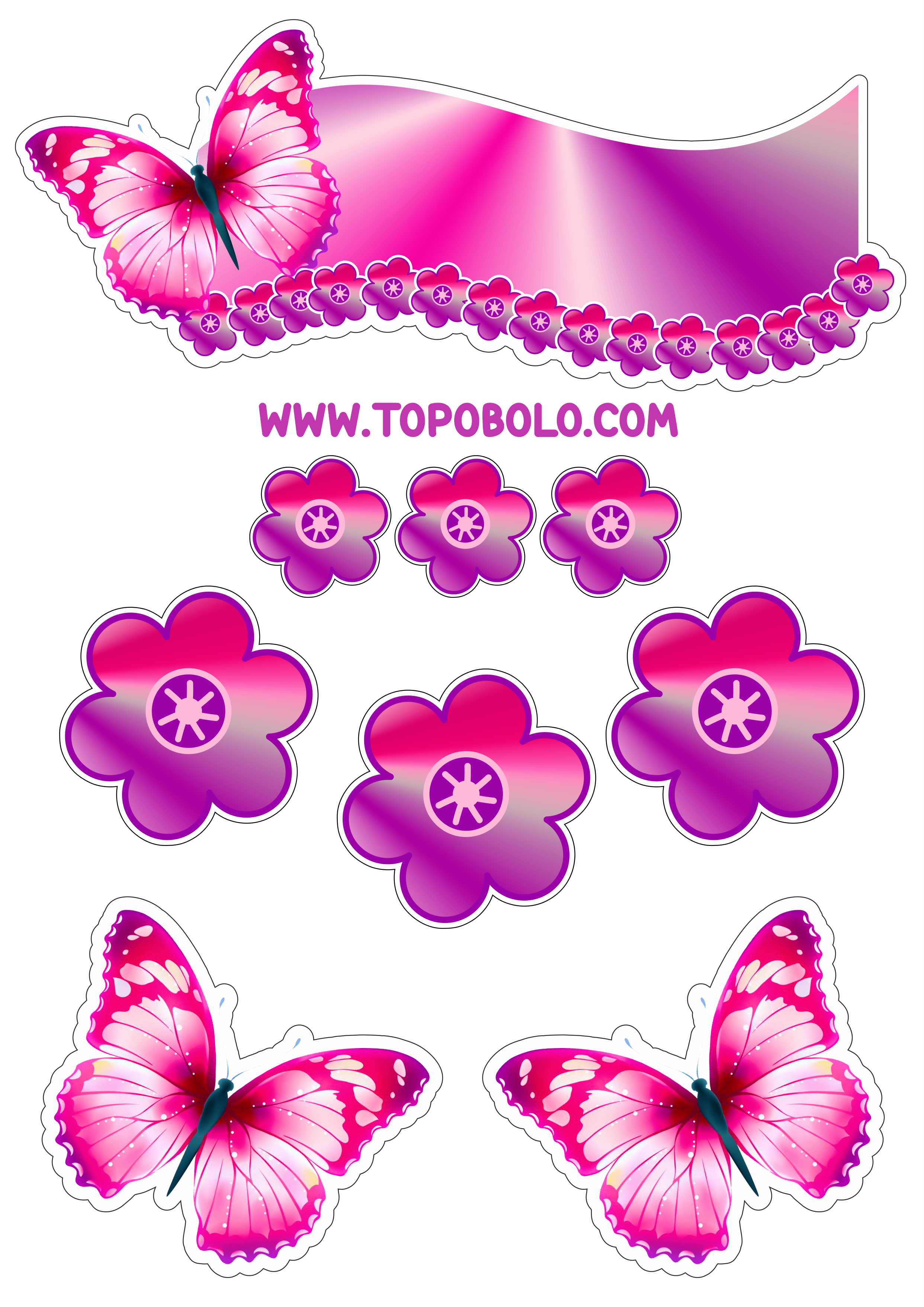 Topo de bolo para baixar borboletas e flores coloridas decoração de aniversário png