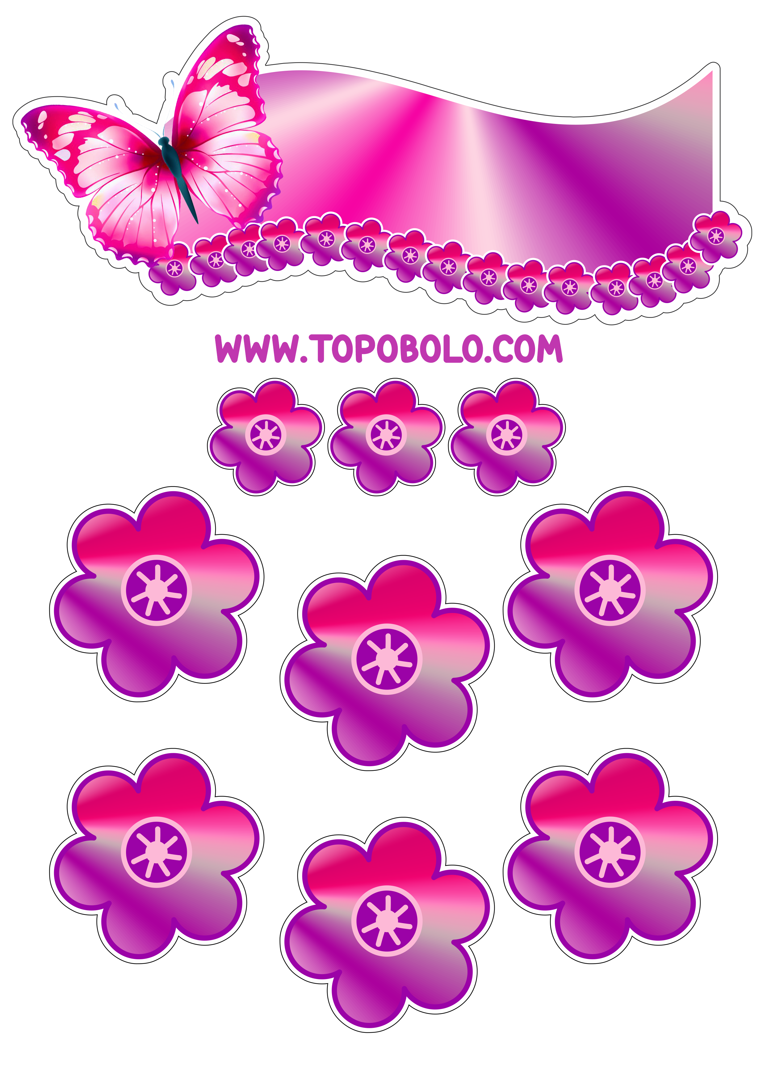 Topo de bolo para baixar borboletas e flores coloridas decoração de aniversário brilhante png