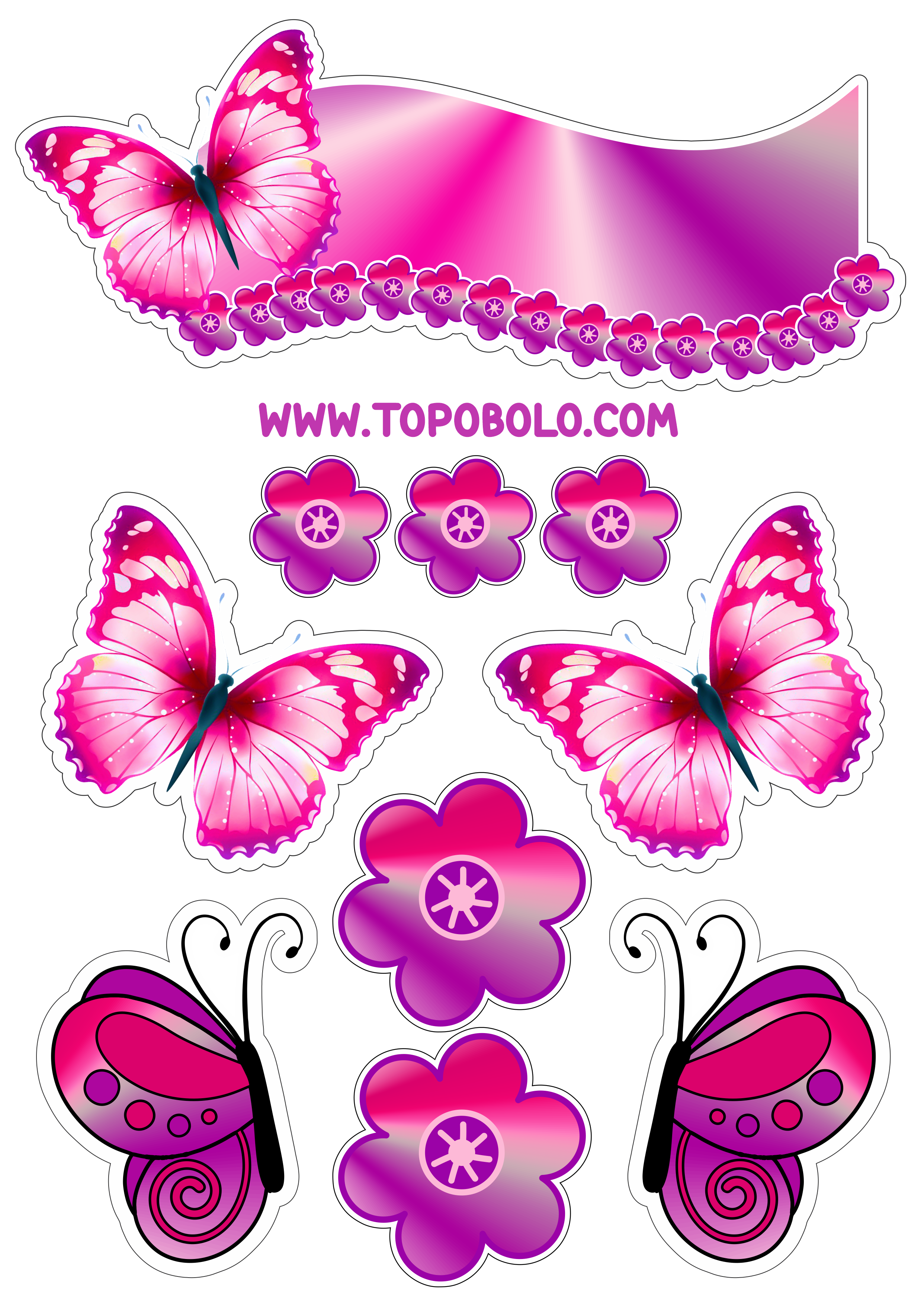 Topo de bolo para baixar borboletas e flores coloridas decoração de aniversário brilhante artes gráficas png