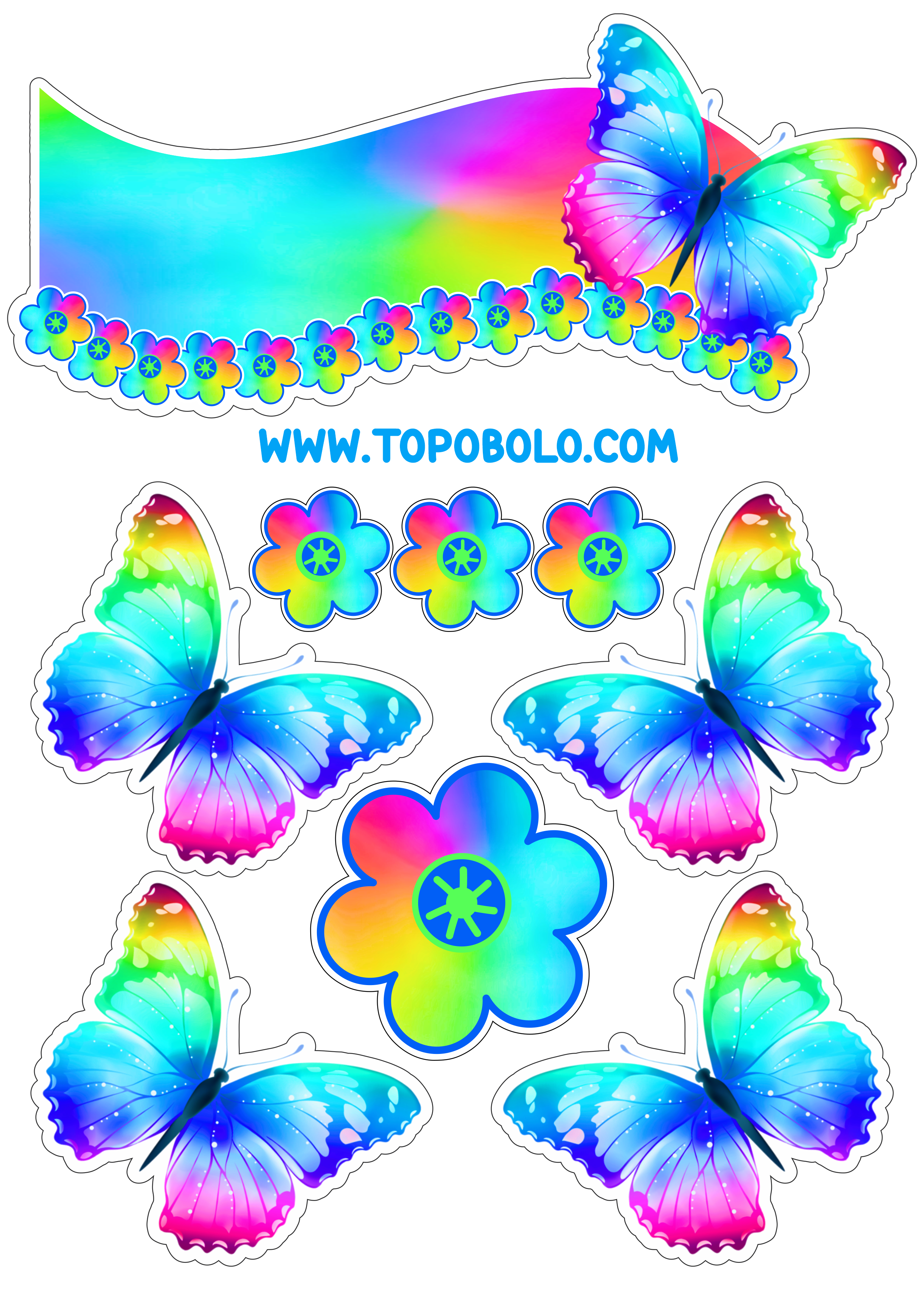 Topo de bolo para baixar borboletas e flores coloridas papelaria criativa png