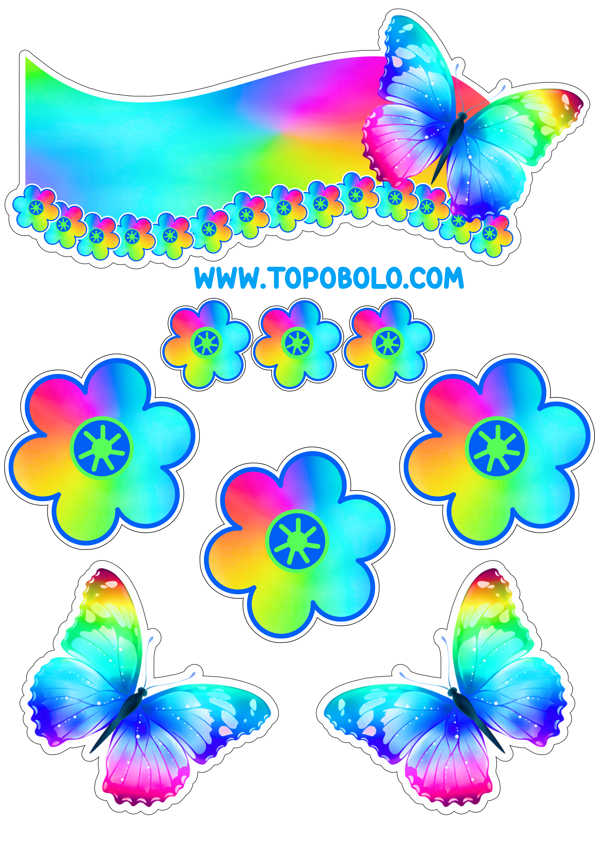Topo de bolo para baixar borboletas e flores coloridas papelaria criativa com contorno para recorte png