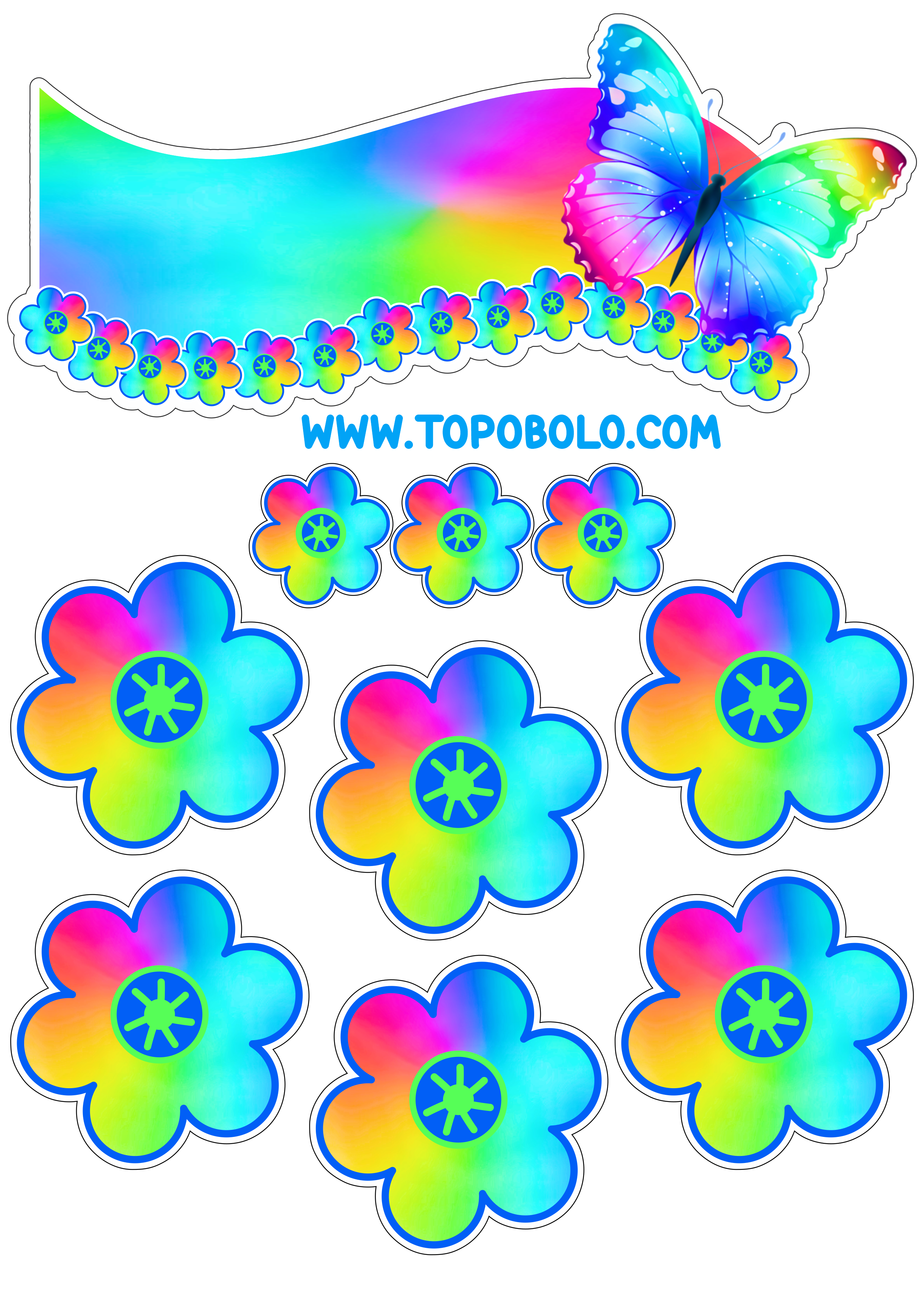 Topo de bolo para baixar borboletas e flores coloridas papelaria criativa com contorno para recorte festa pronta png