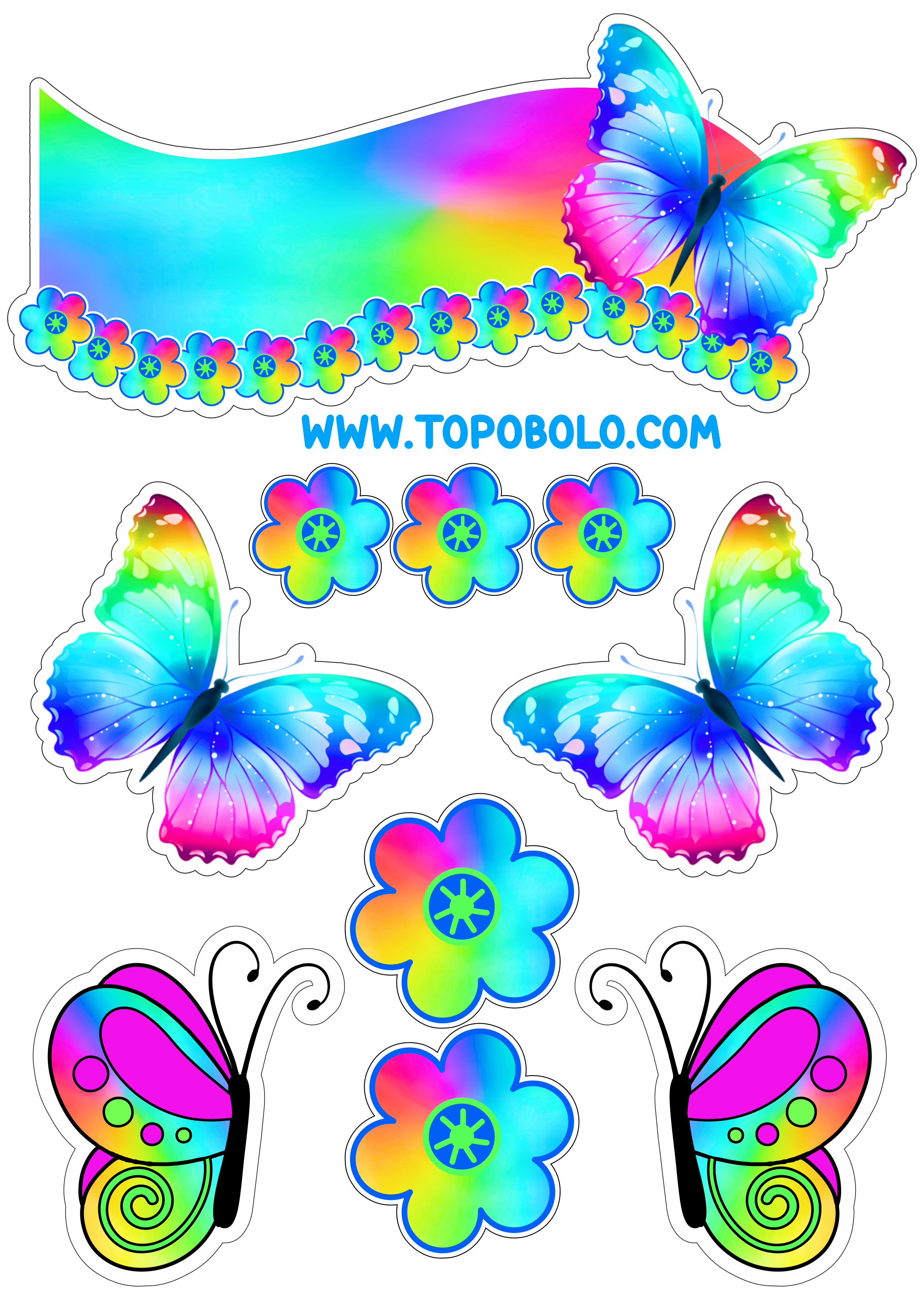 Topo de bolo para baixar borboletas e flores coloridas papelaria criativa com contorno para recorte festa pronta personalizados png
