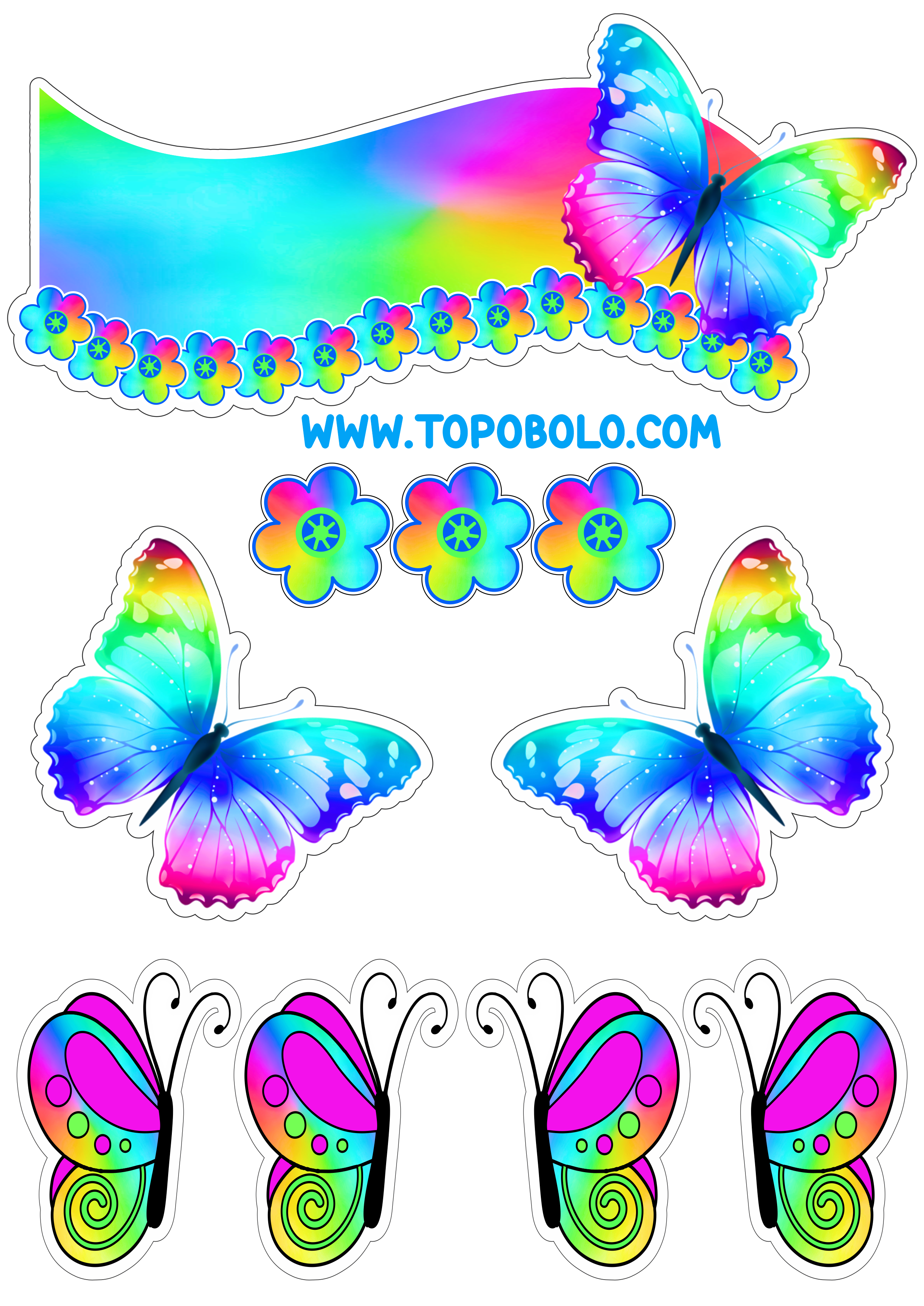 Topo de bolo para baixar borboletas e flores coloridas papelaria criativa com contorno para recorte festa pronta personalizados free png