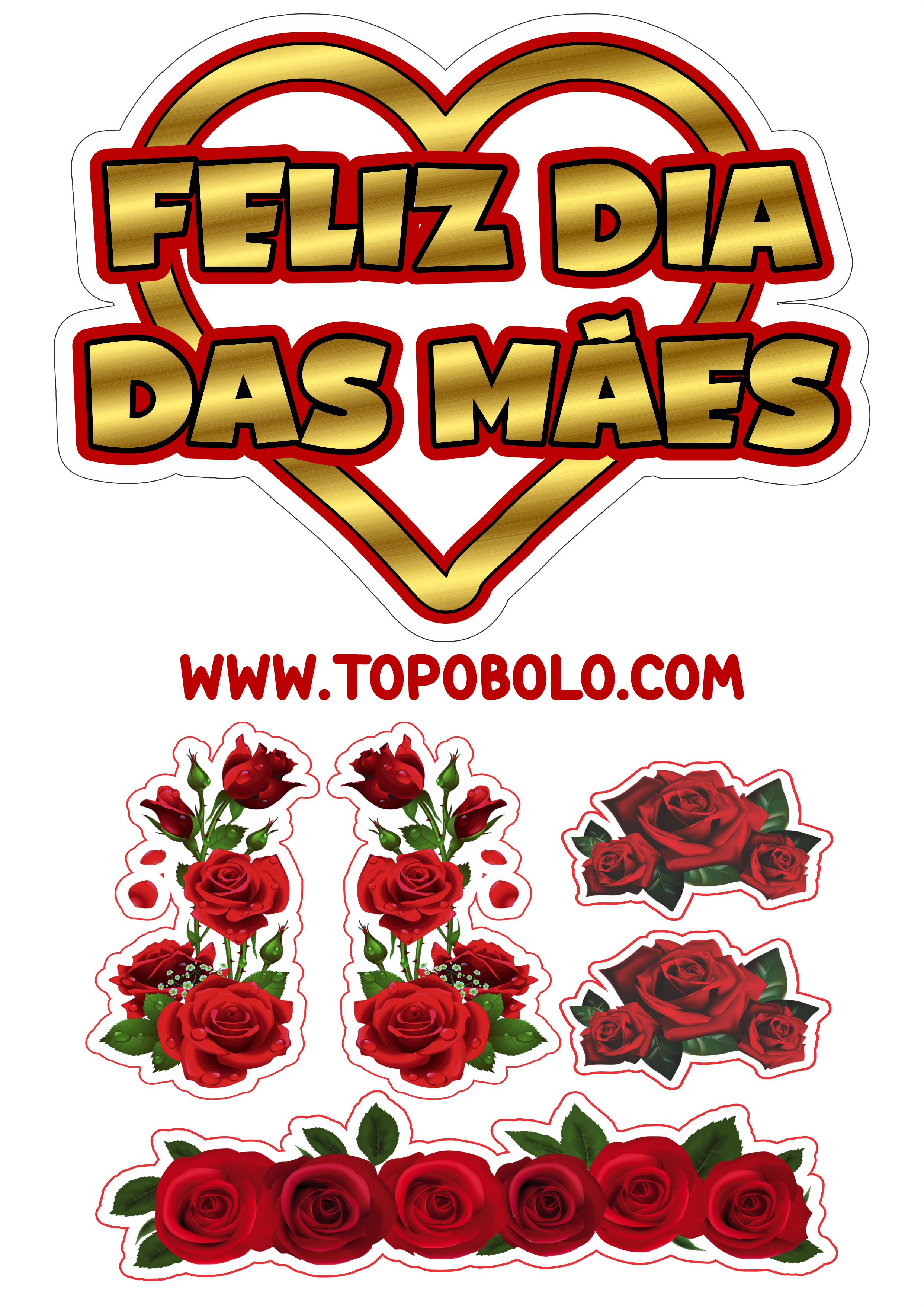 Topo de bolo para imprimir feliz dia das mães decoração dourada com vermelho flores rosas download grátis png