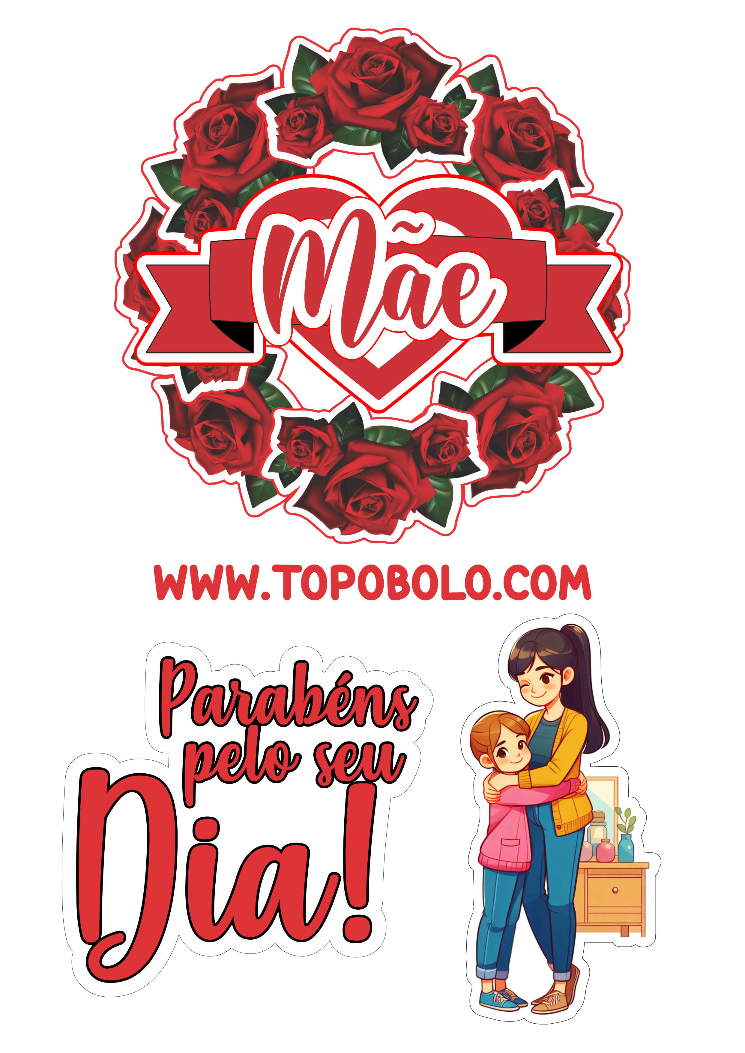 Topo de bolo para imprimir dia das mães com flores vermelhas png