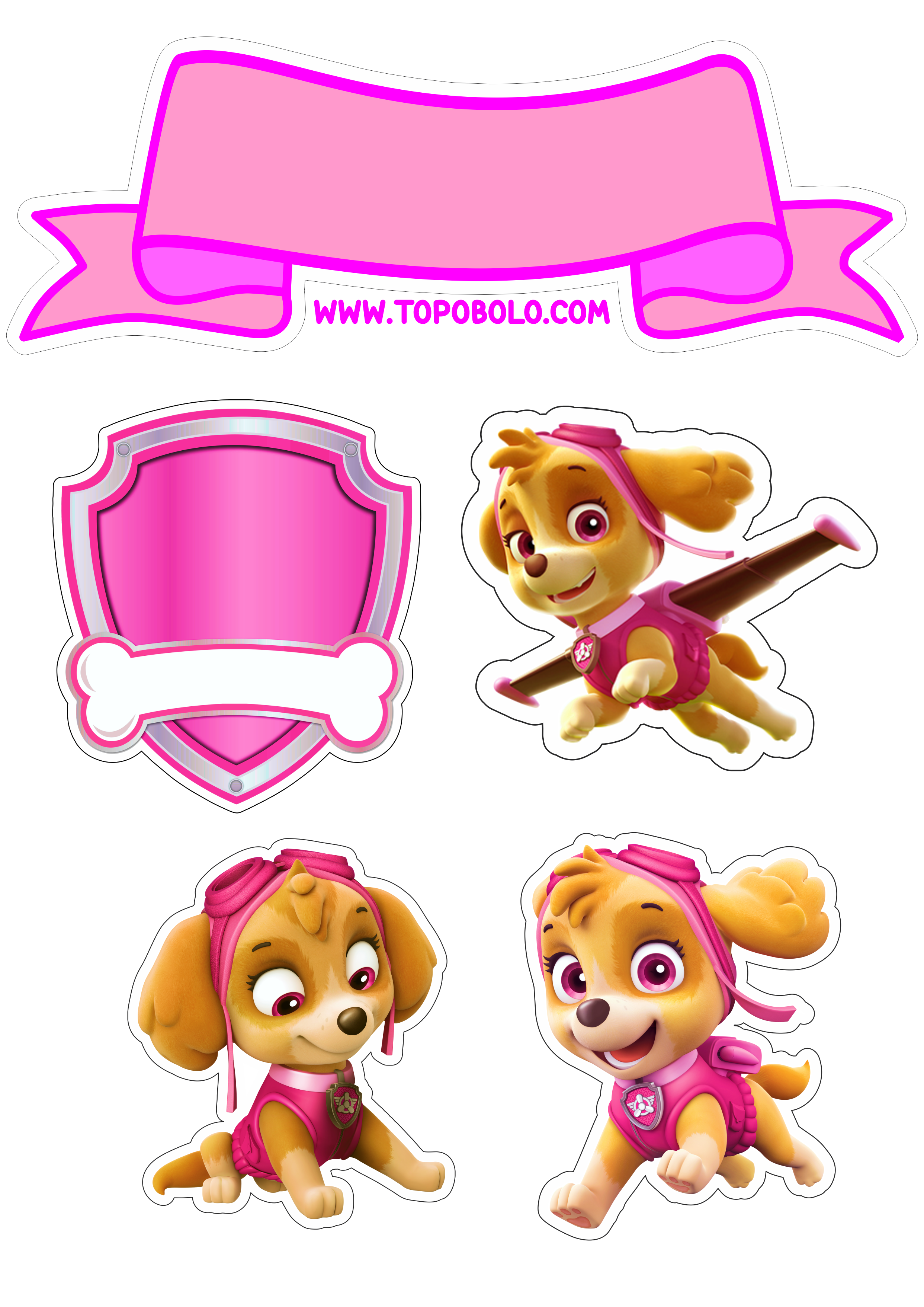 Topo de bolo para imprimir patrulha canina rosa Skye desenho infantil animação png