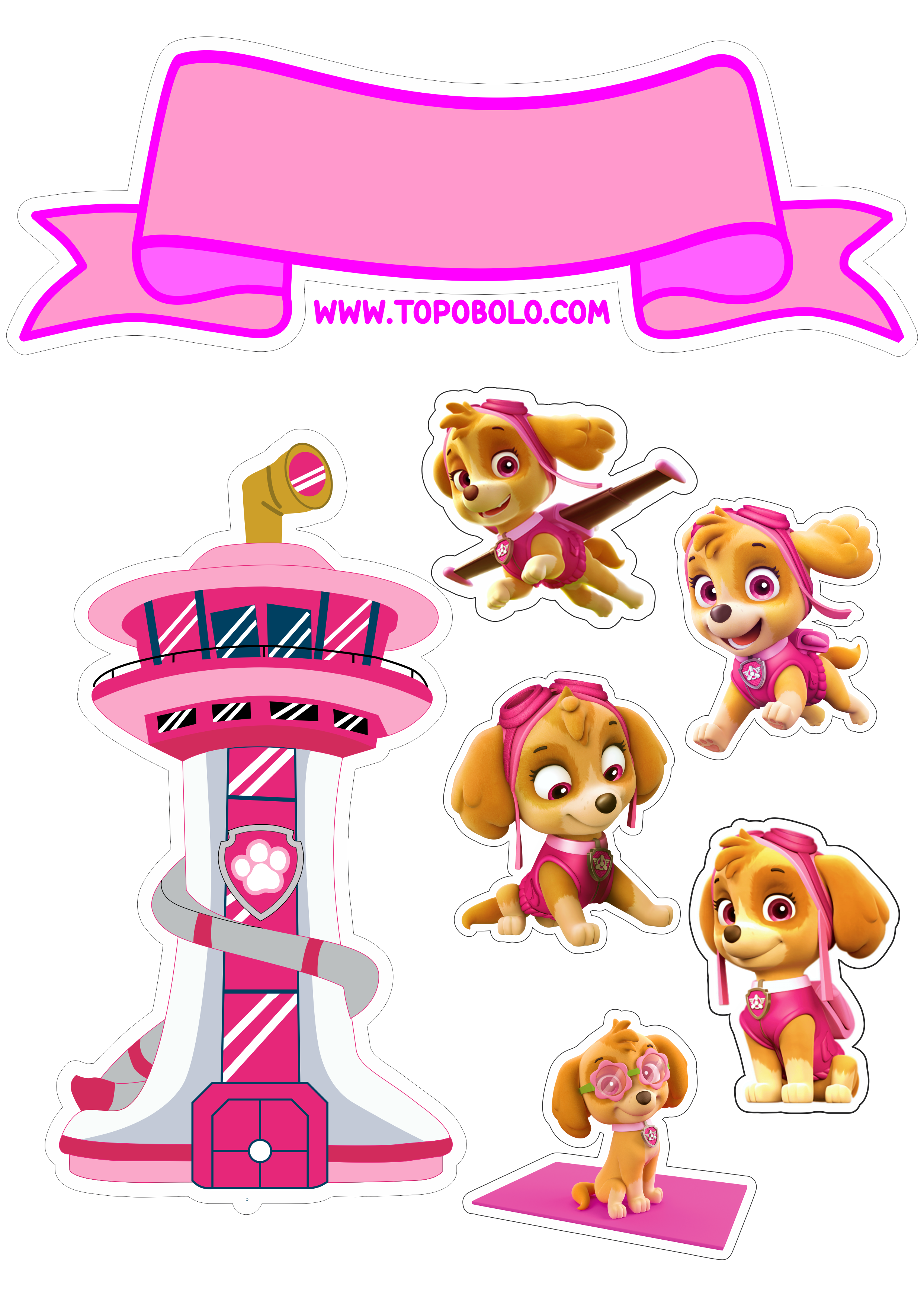 Topo de bolo para imprimir patrulha canina rosa Skye desenho infantil animação aniversário personalizado torre download png