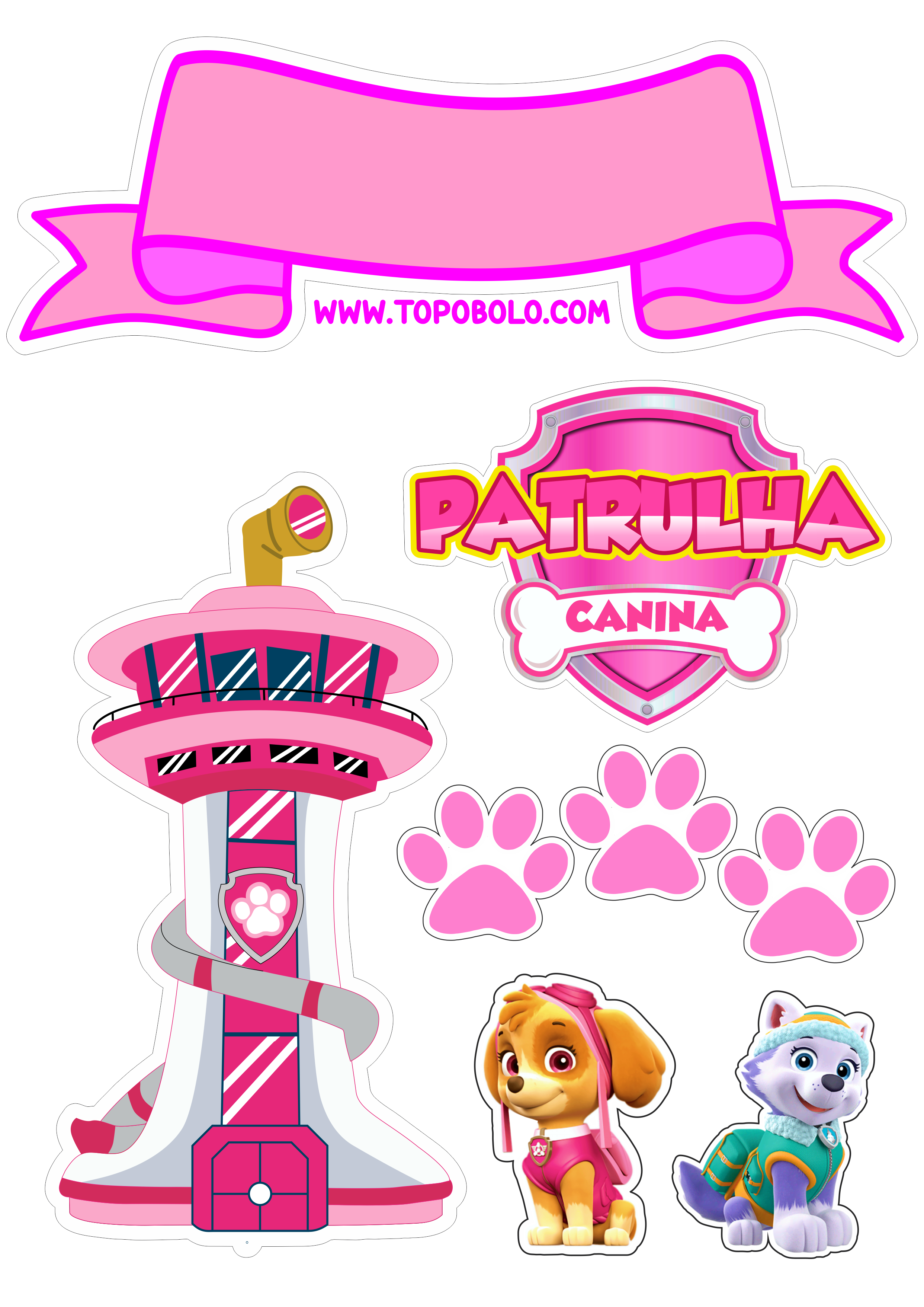 Topo de bolo para imprimir patrulha canina rosa Skye everest desenho infantil animação aniversário personalizado torre download png