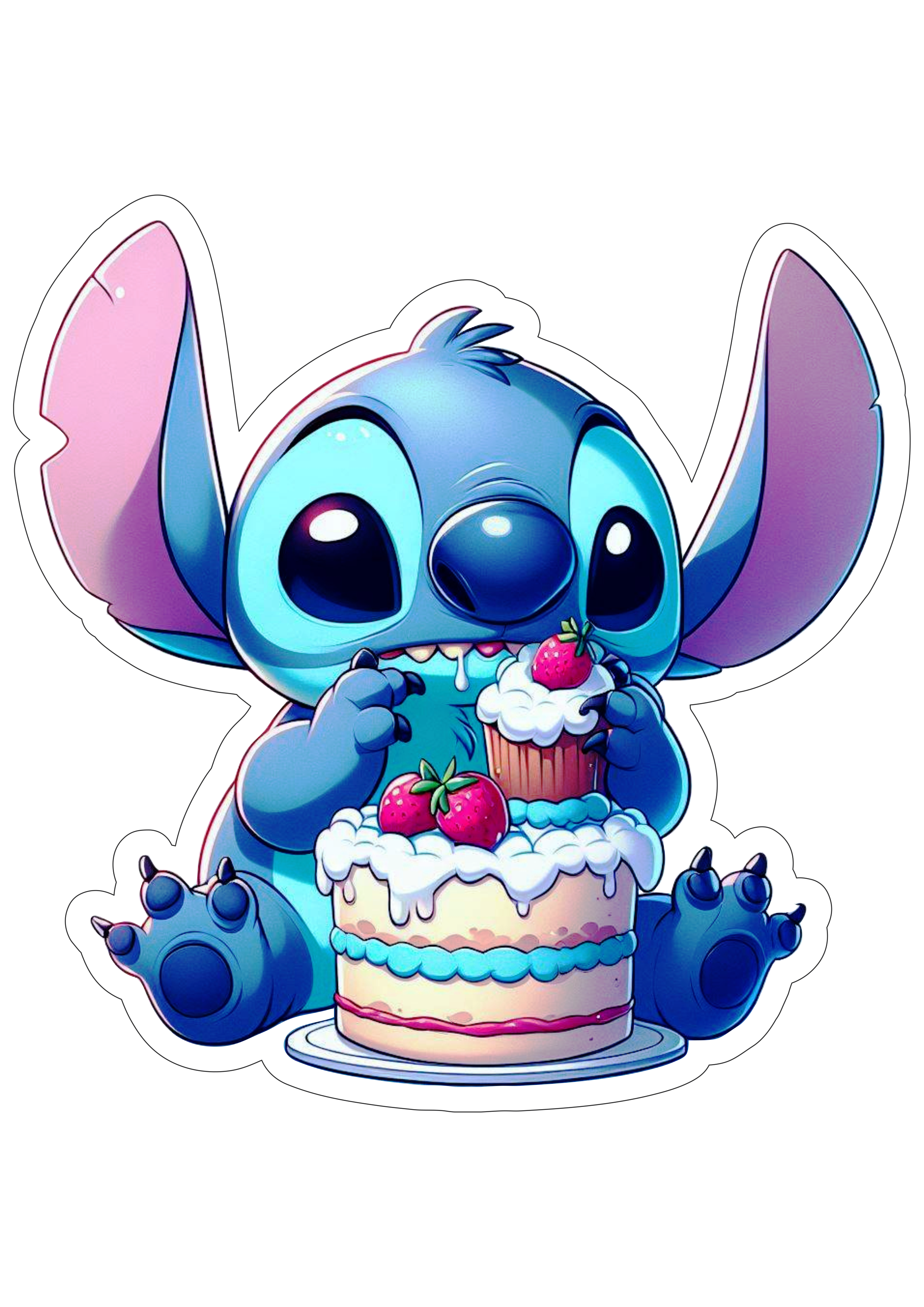 Desenho infantil Stitch comendo bolo imagem com fundo transparente e contorno png