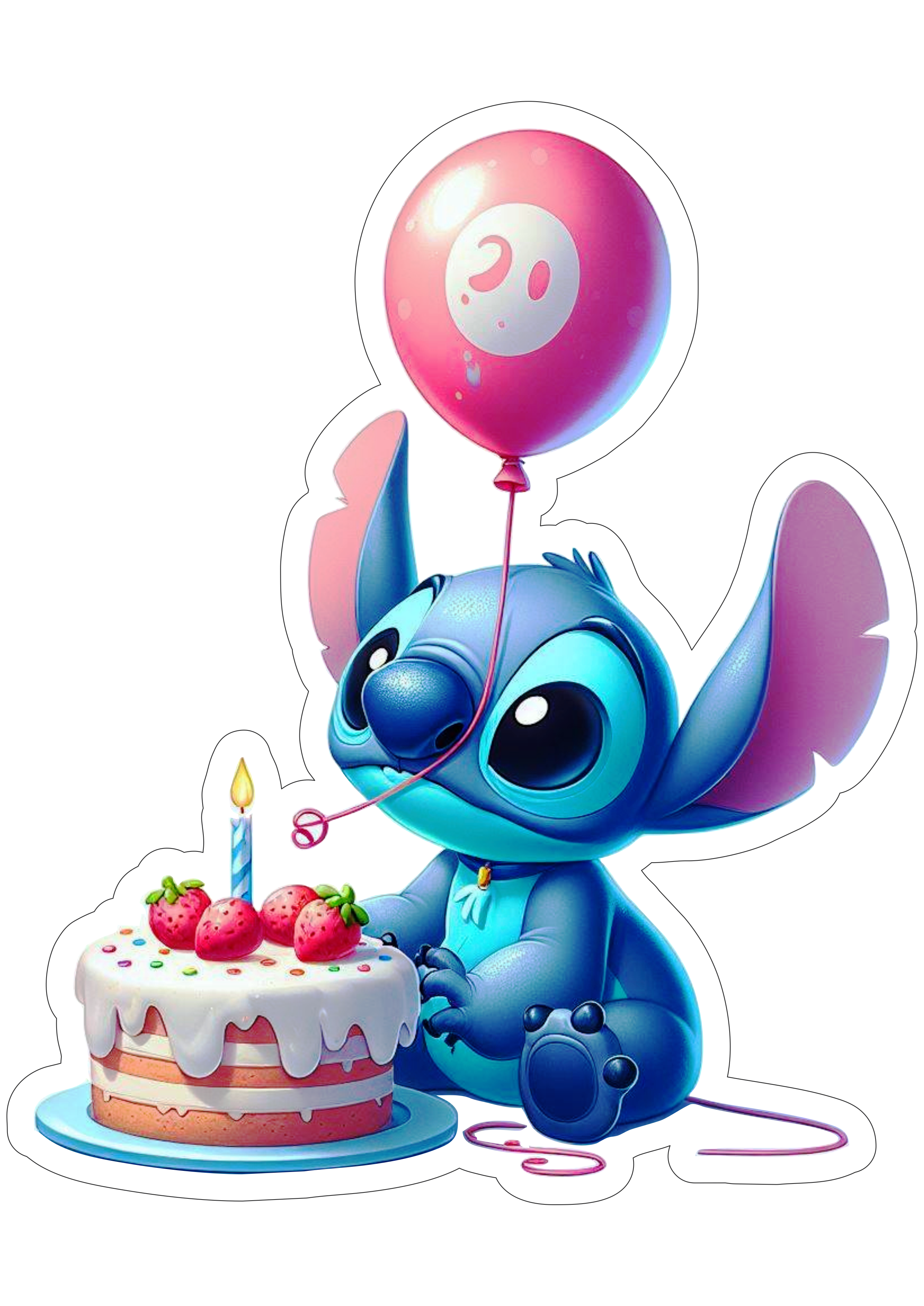 Desenho infantil Stitch comendo bolo imagem com fundo transparente e contorno para recorte balão png