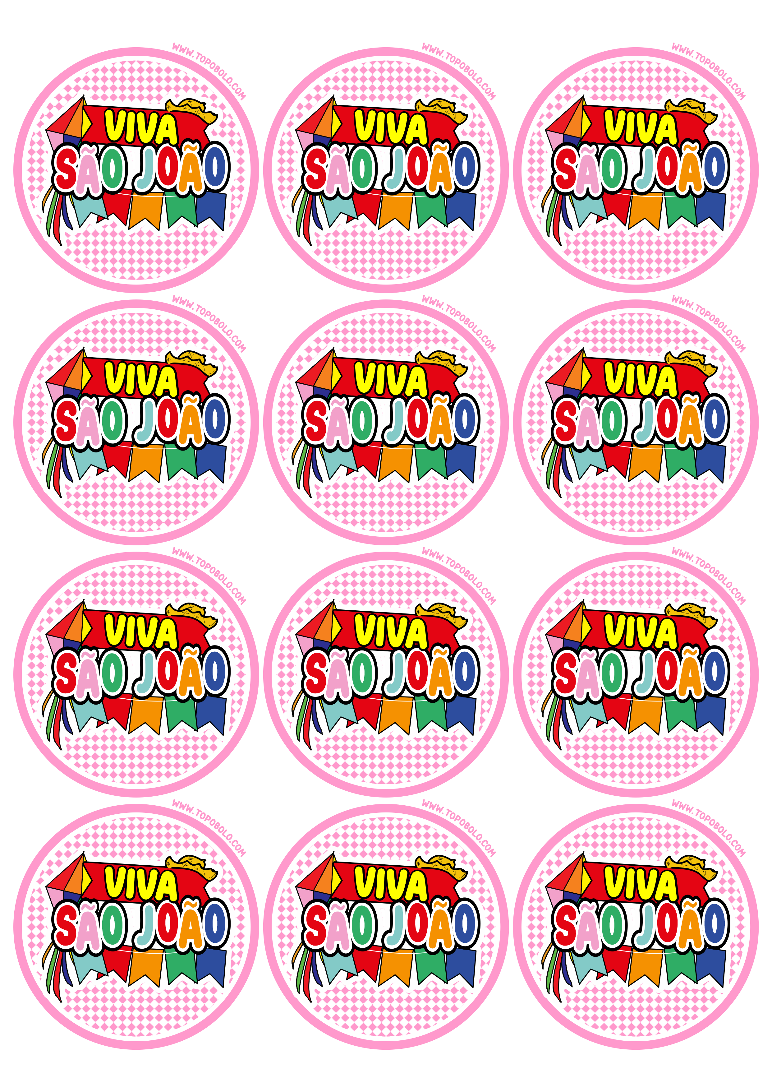 Viva São João adesivo redondo tag sticker rosa festa junina artigos de papelaria grátis para imprimir e decorar 12 imagens png