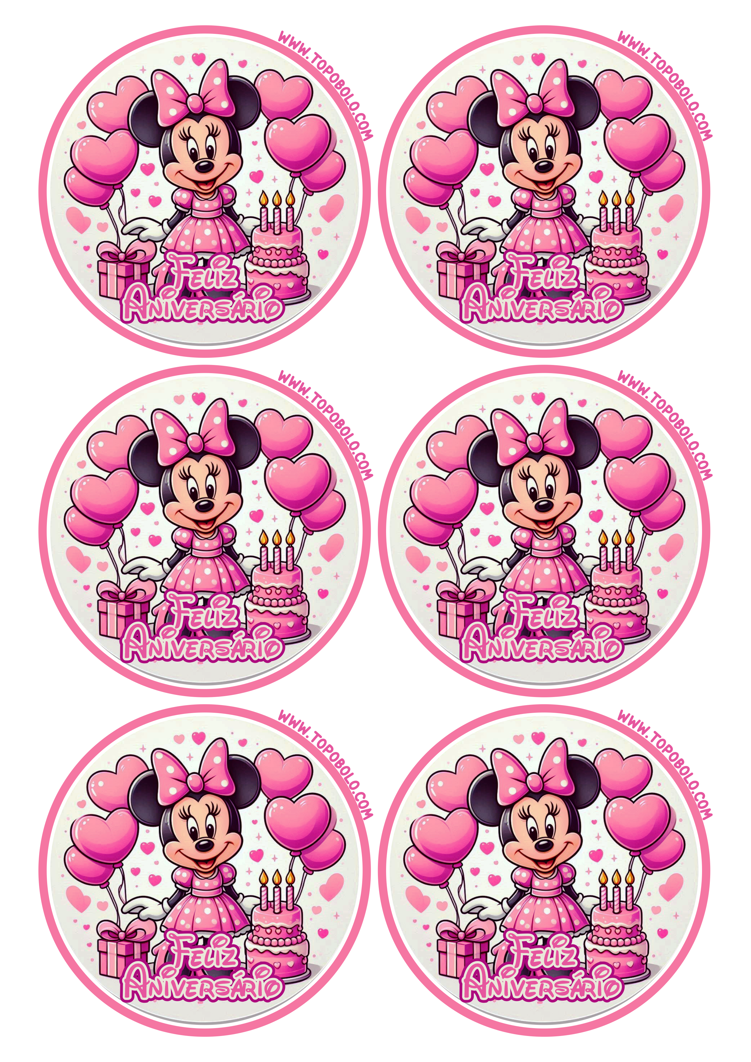 Decoração de aniversário Minnie rosa adesivo redondo para imprimir festa infantil papelaria criativa 6 imagens png