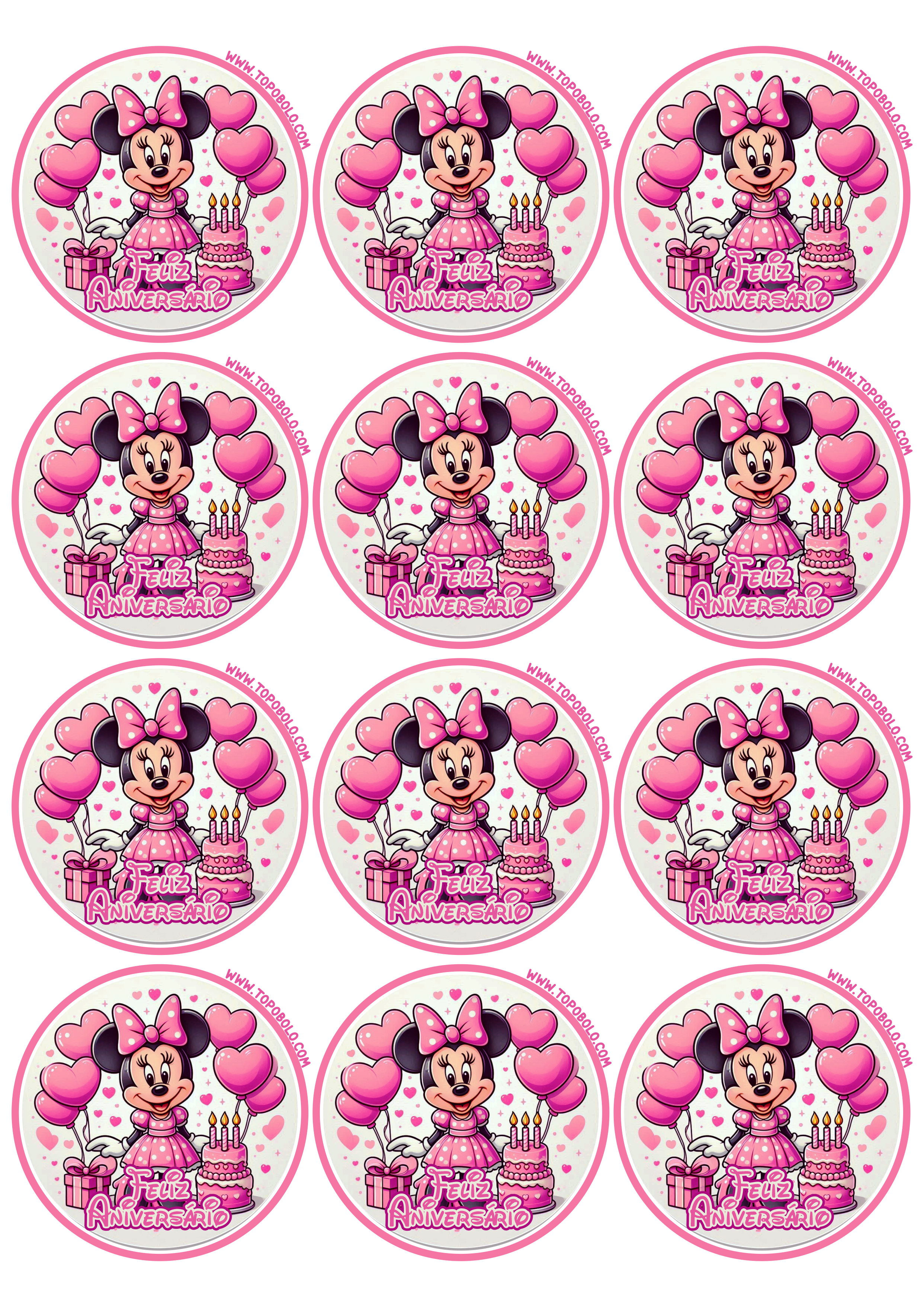 Decoração de aniversário Minnie rosa adesivo redondo para imprimir festa infantil papelaria criativa 12 imagens png