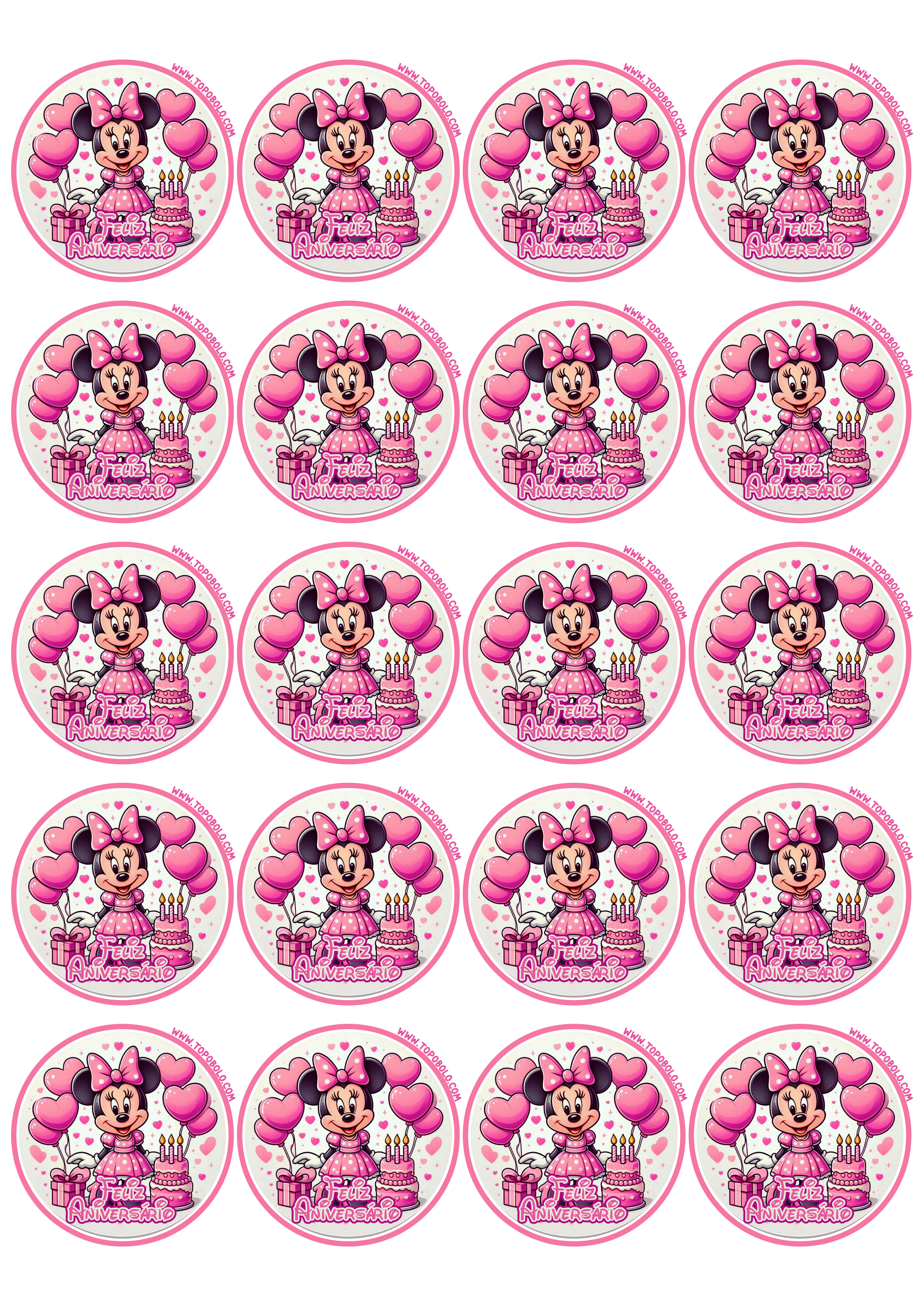 Decoração de aniversário Minnie rosa adesivo redondo para imprimir festa infantil papelaria criativa 20 imagens png