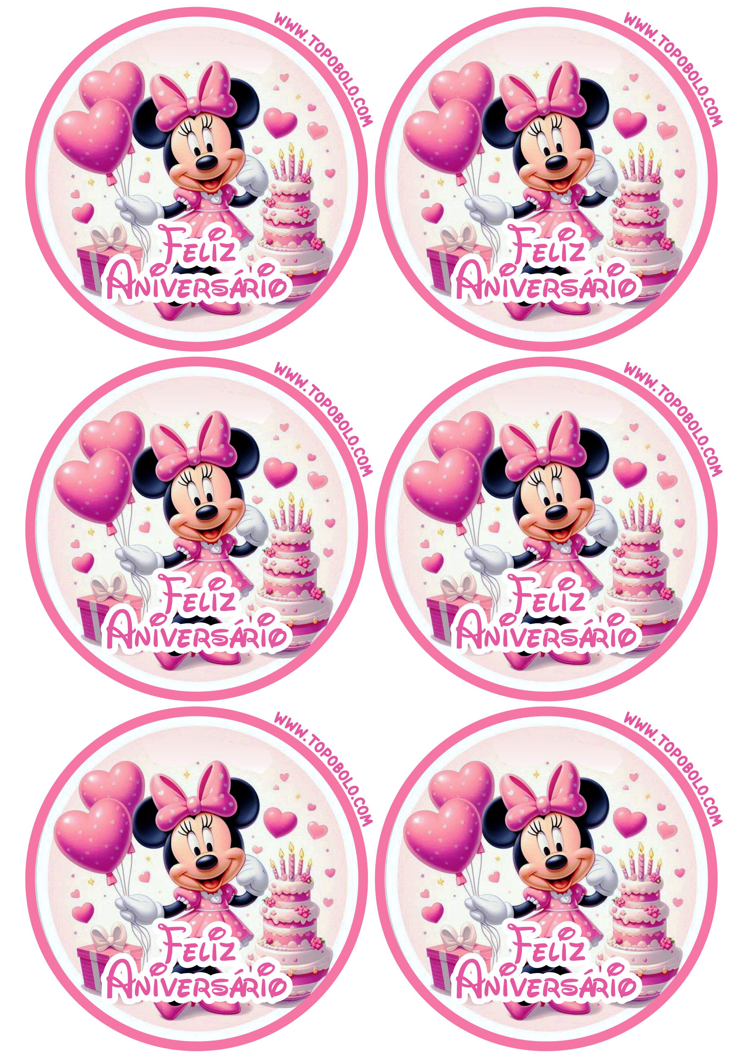 Minnie Mouse rosa adesivo redondo feliz aniversário 6 imagens png