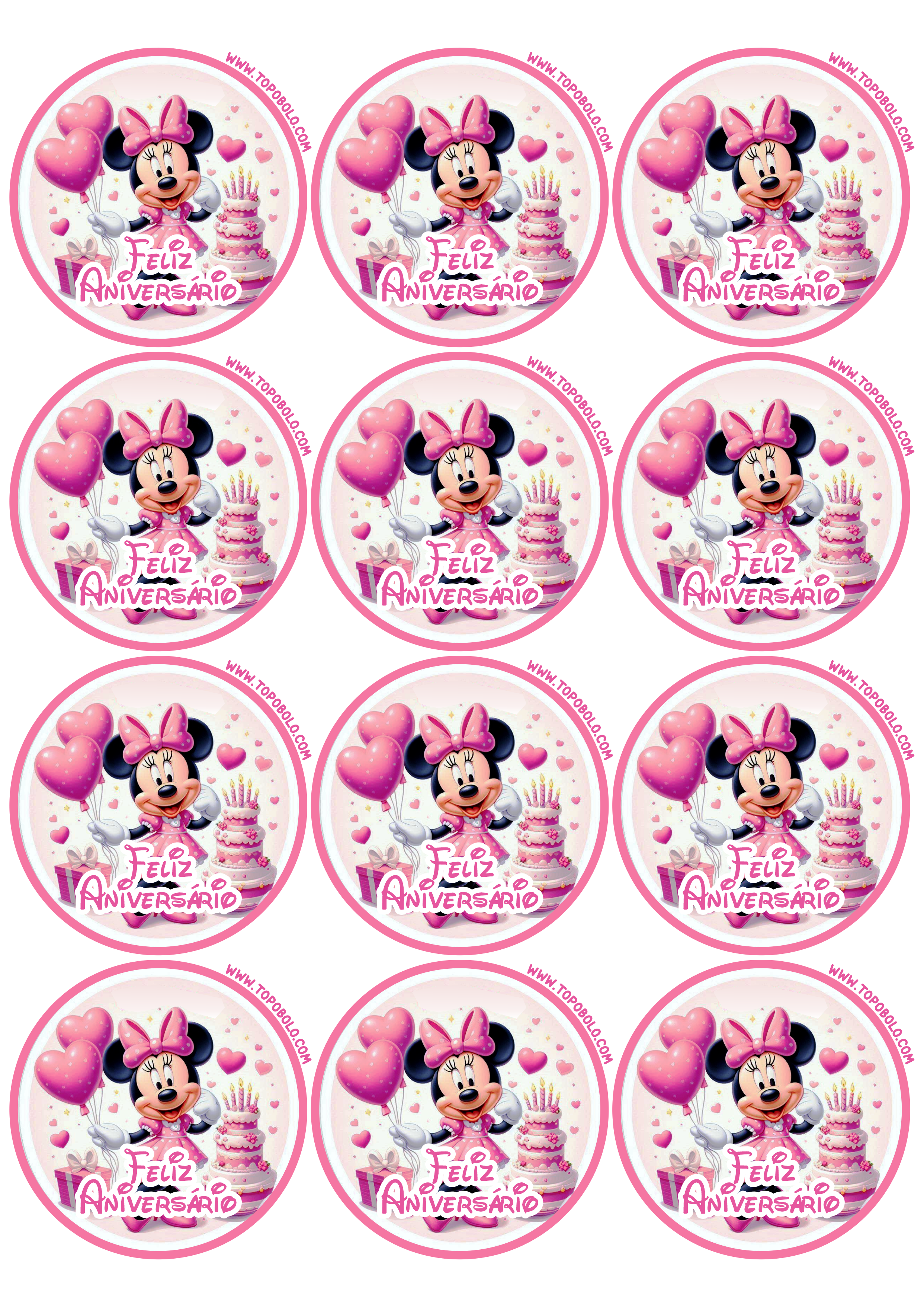 Minnie Mouse rosa adesivo redondo feliz aniversário 12 imagens png
