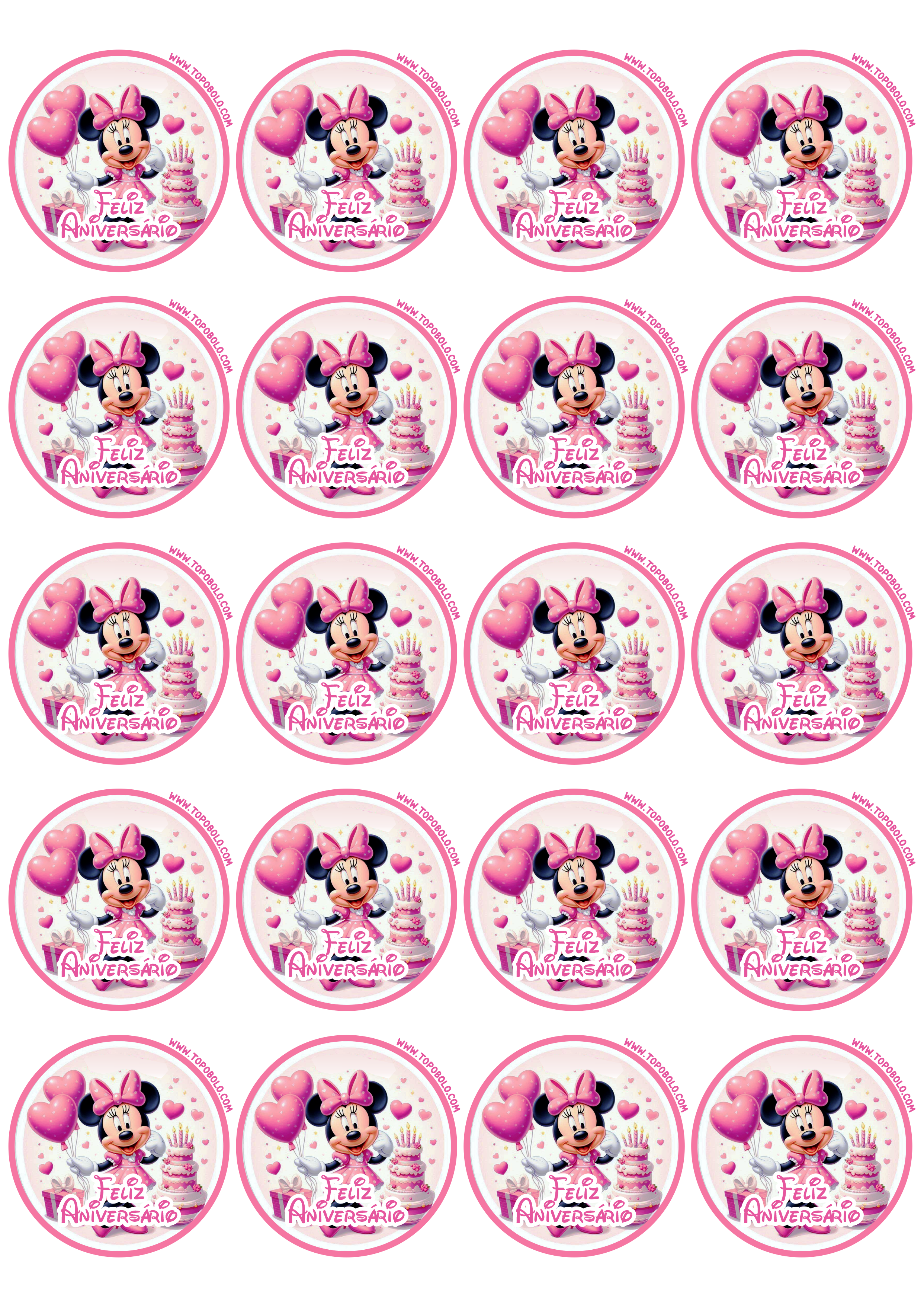 Minnie Mouse rosa adesivo redondo feliz aniversário 20 imagens png
