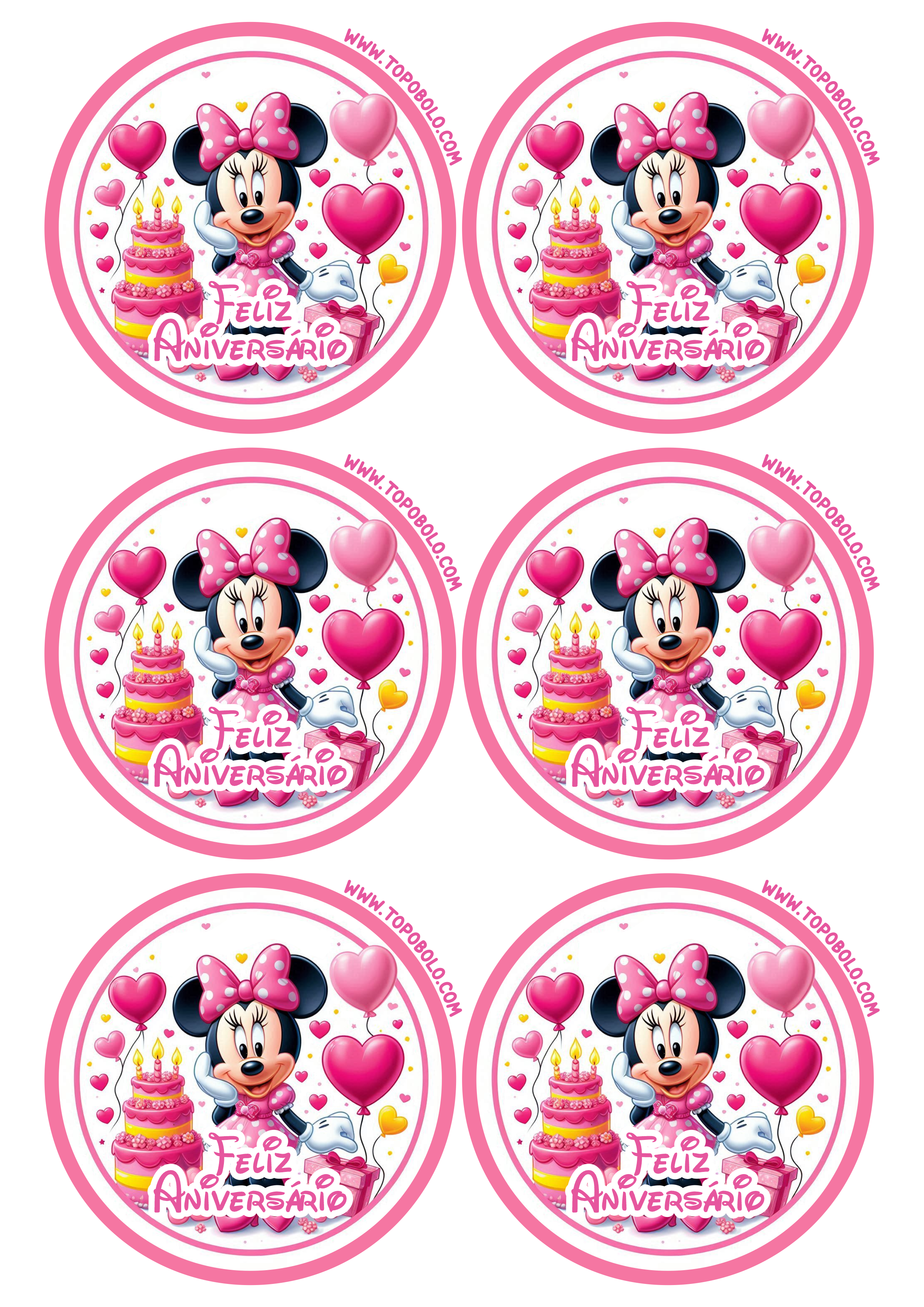 Decoração de aniversário tema Minnie Rosa adesivo redondo para latinhas 6 imagens png
