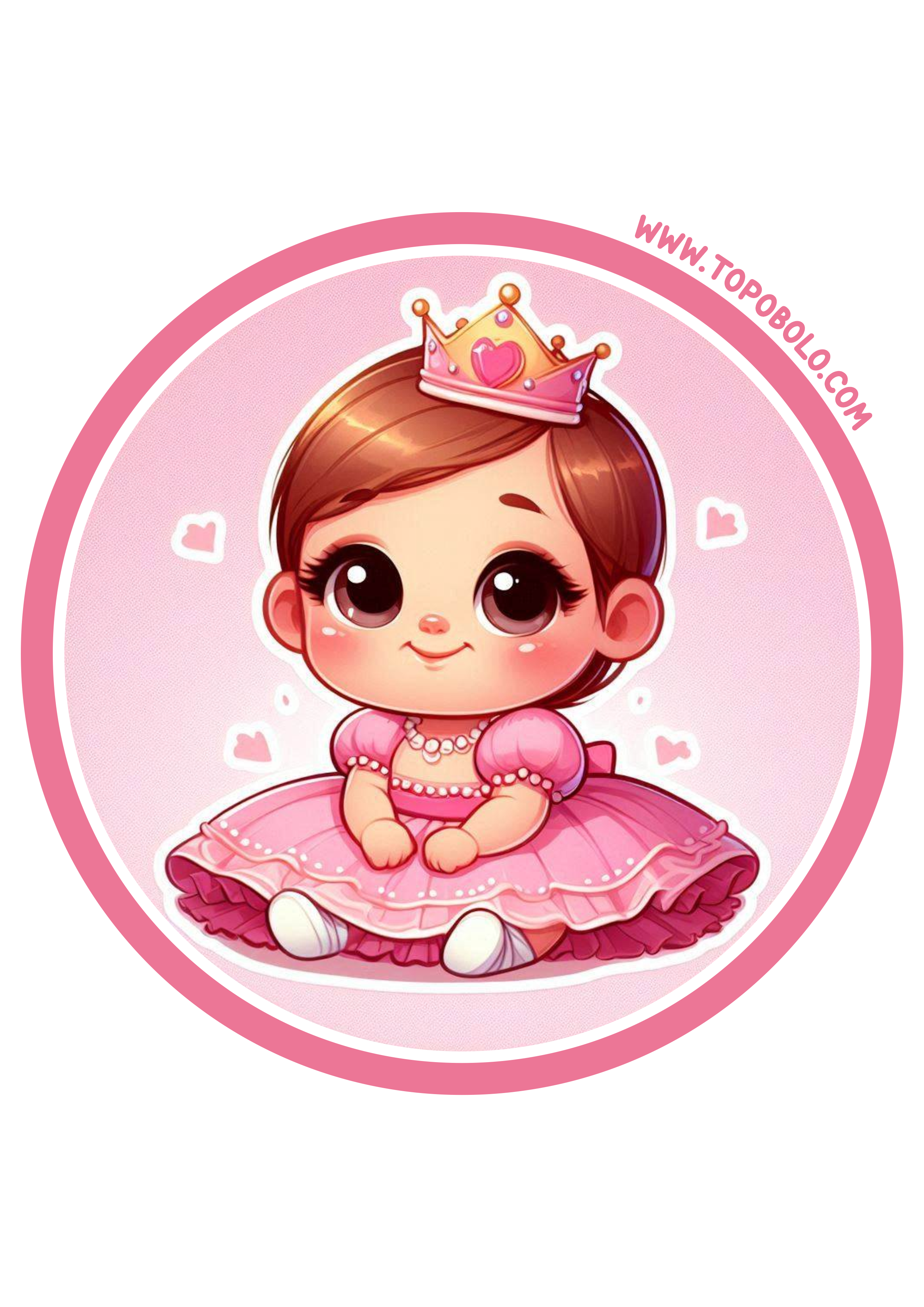 Menina com vestido rosa e coroa de princesa adesivo redondo para decoração de aniversário pronto para imprimir png