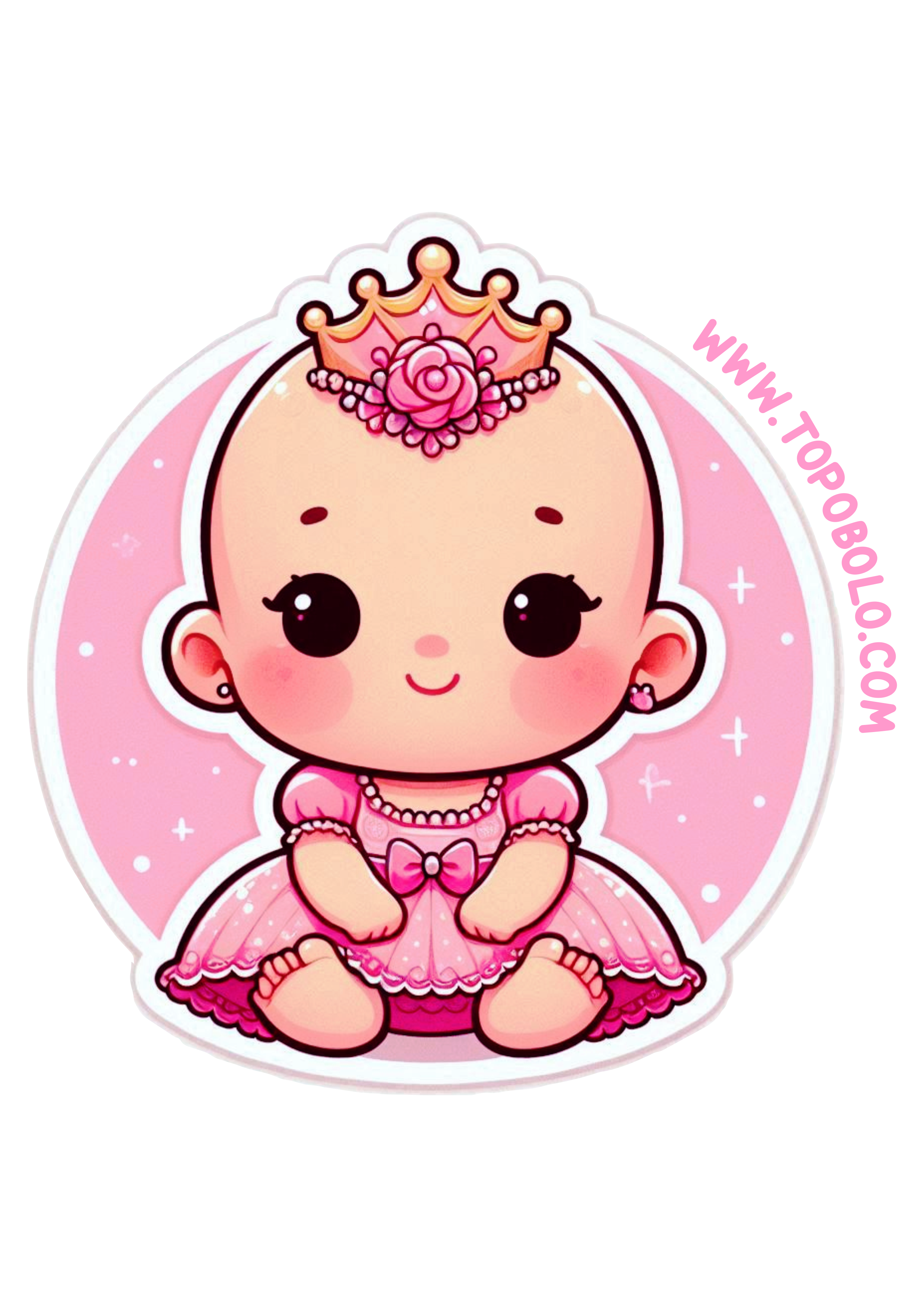 Bebezinha com roupinha de princesa adesivo redondo para festinha infantil aniversário chá de fralda e festinhas em geral png