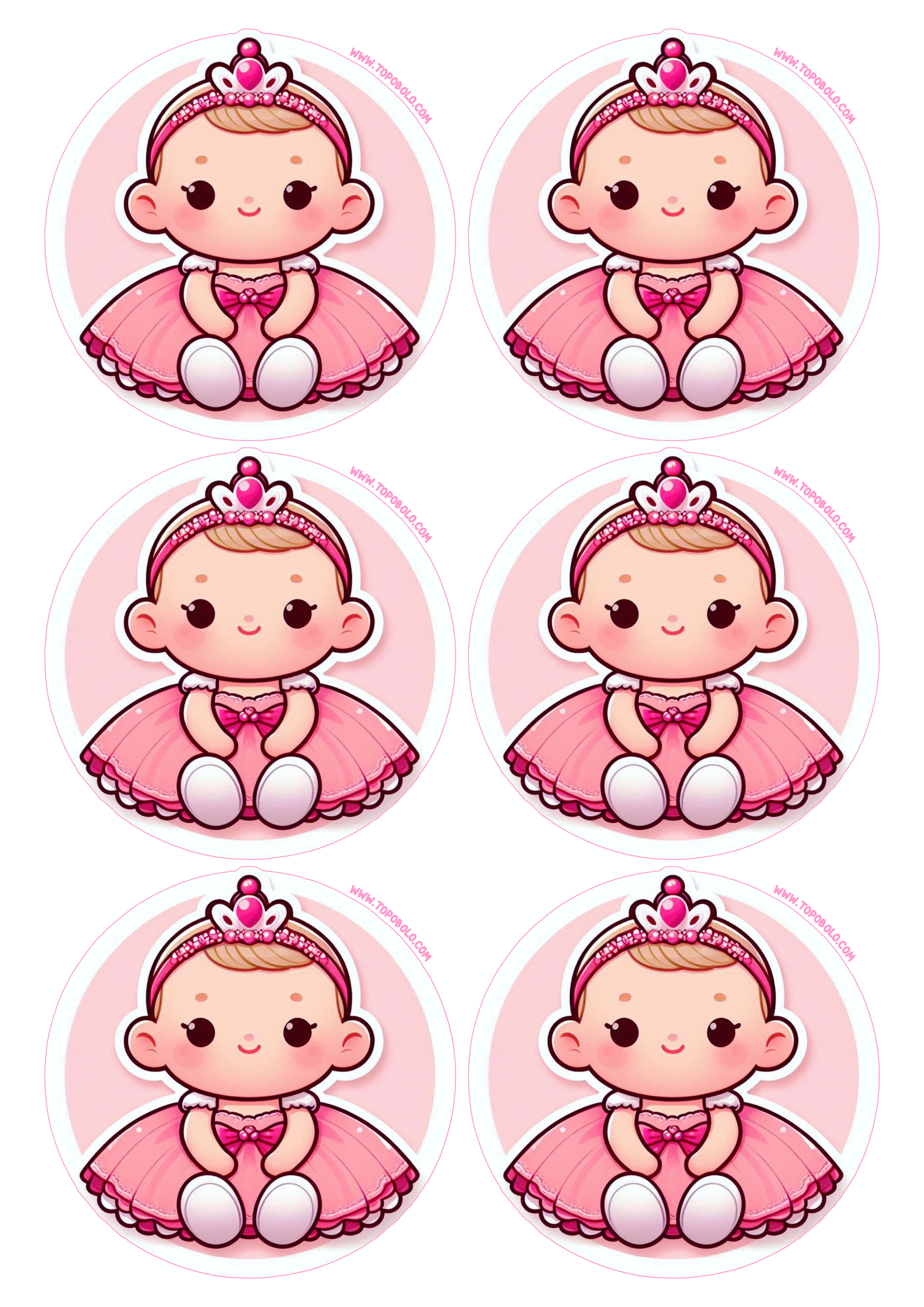 Festinha cor de rosa adesivo redondo menina princesa pronto para imprimir 6 imagens png