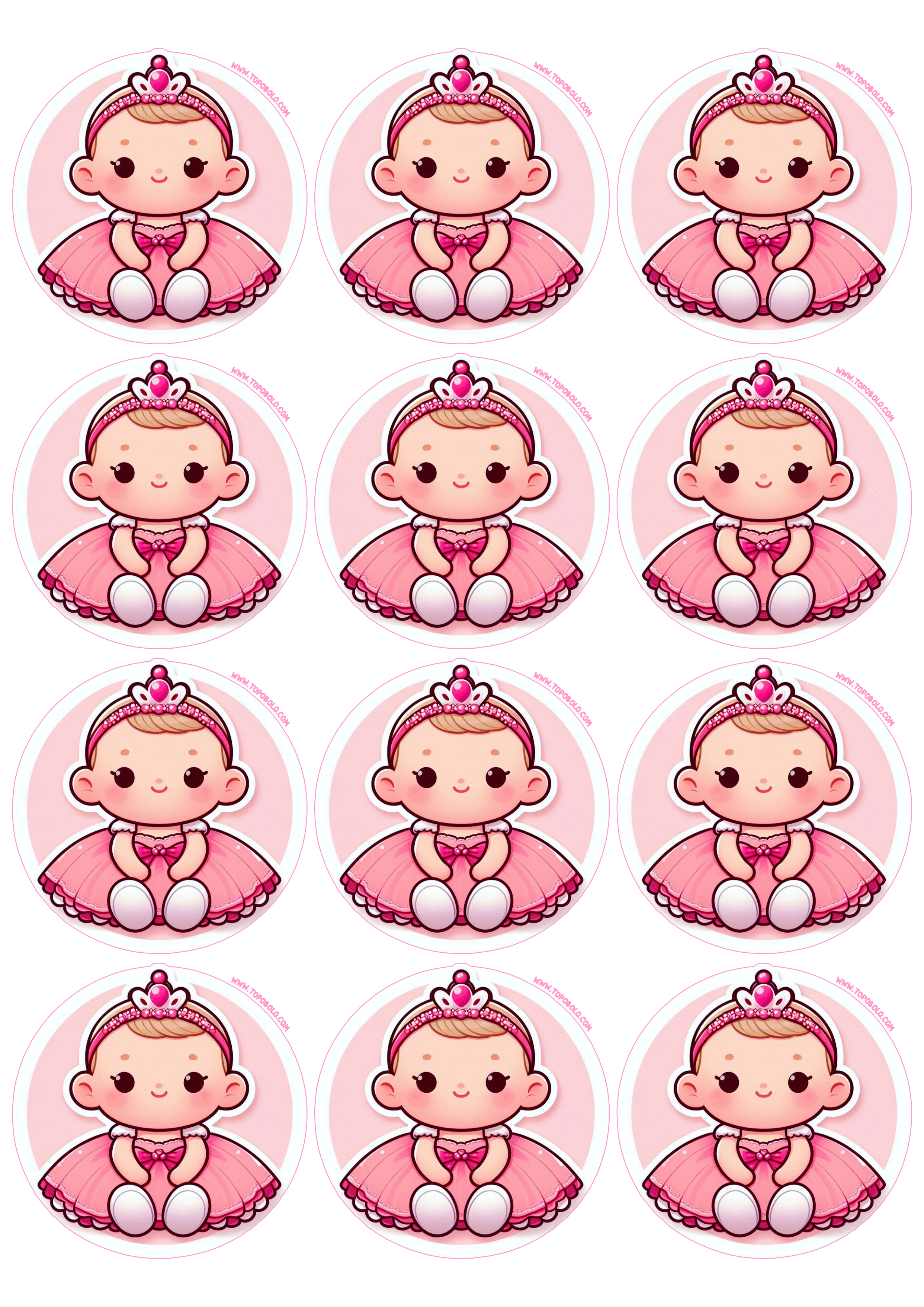 Festinha cor de rosa adesivo redondo menina princesa pronto para imprimir 12 imagens png