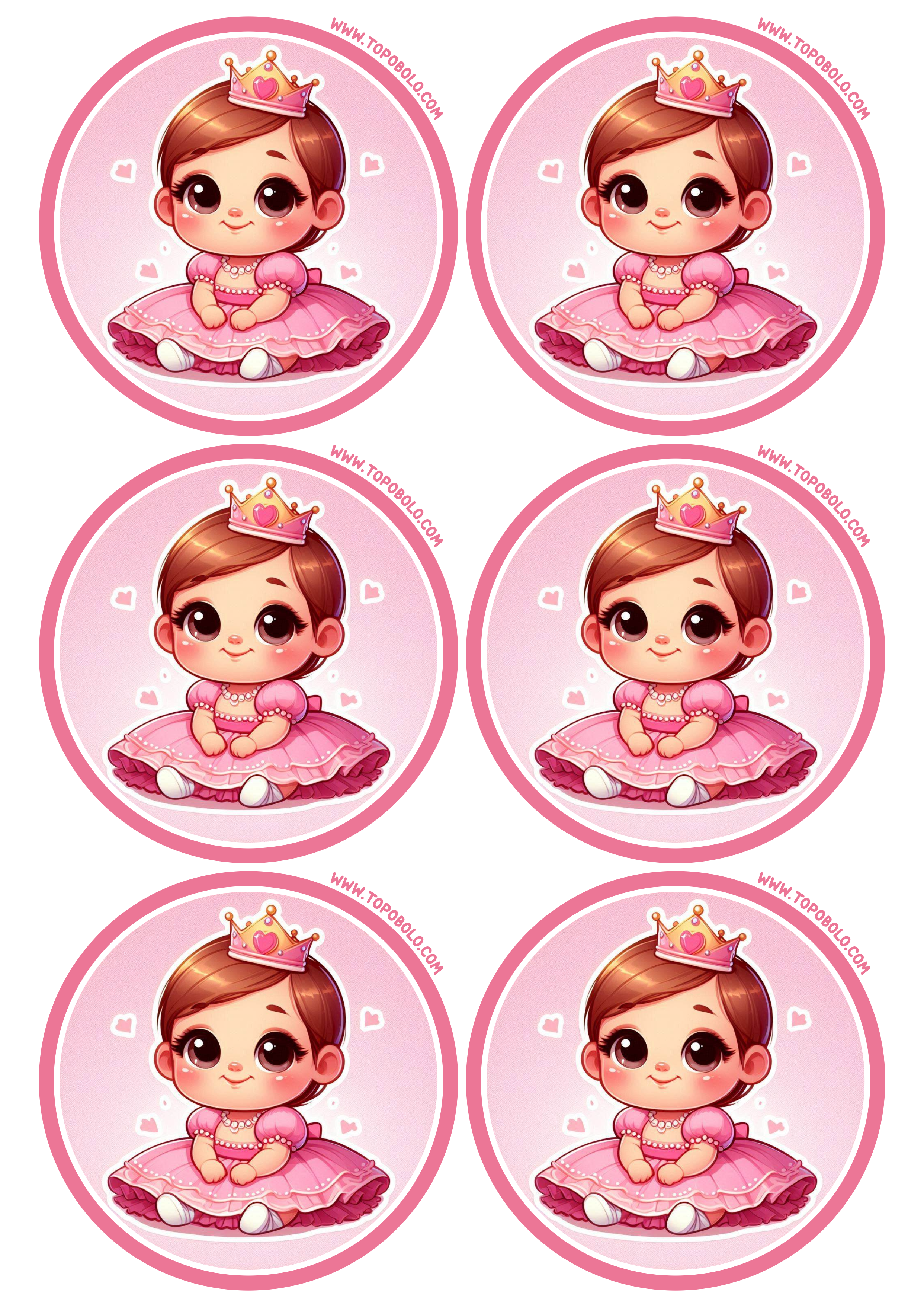 Menina com vestido rosa e coroa de princesa adesivo redondo para decoração de aniversário pronto para imprimir 6 imagens png