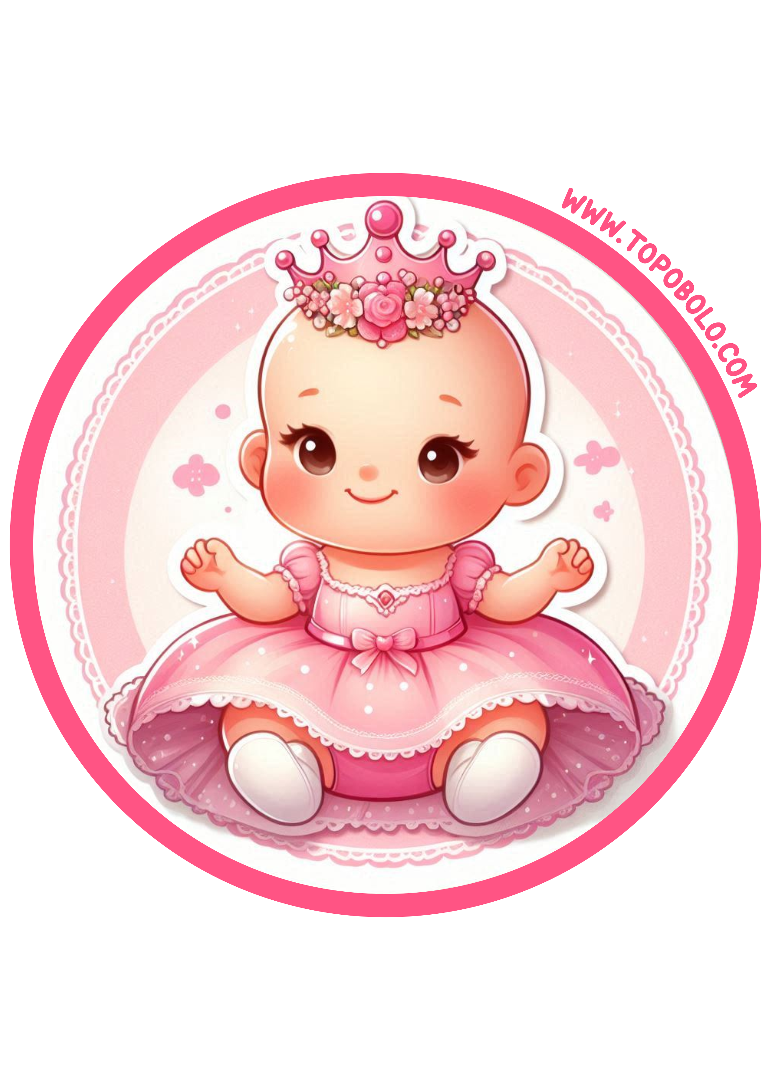 Menina bebê com vestido rosa e coroa de princesa adesivo redondo para decoração de aniversário pronto para imprimir png