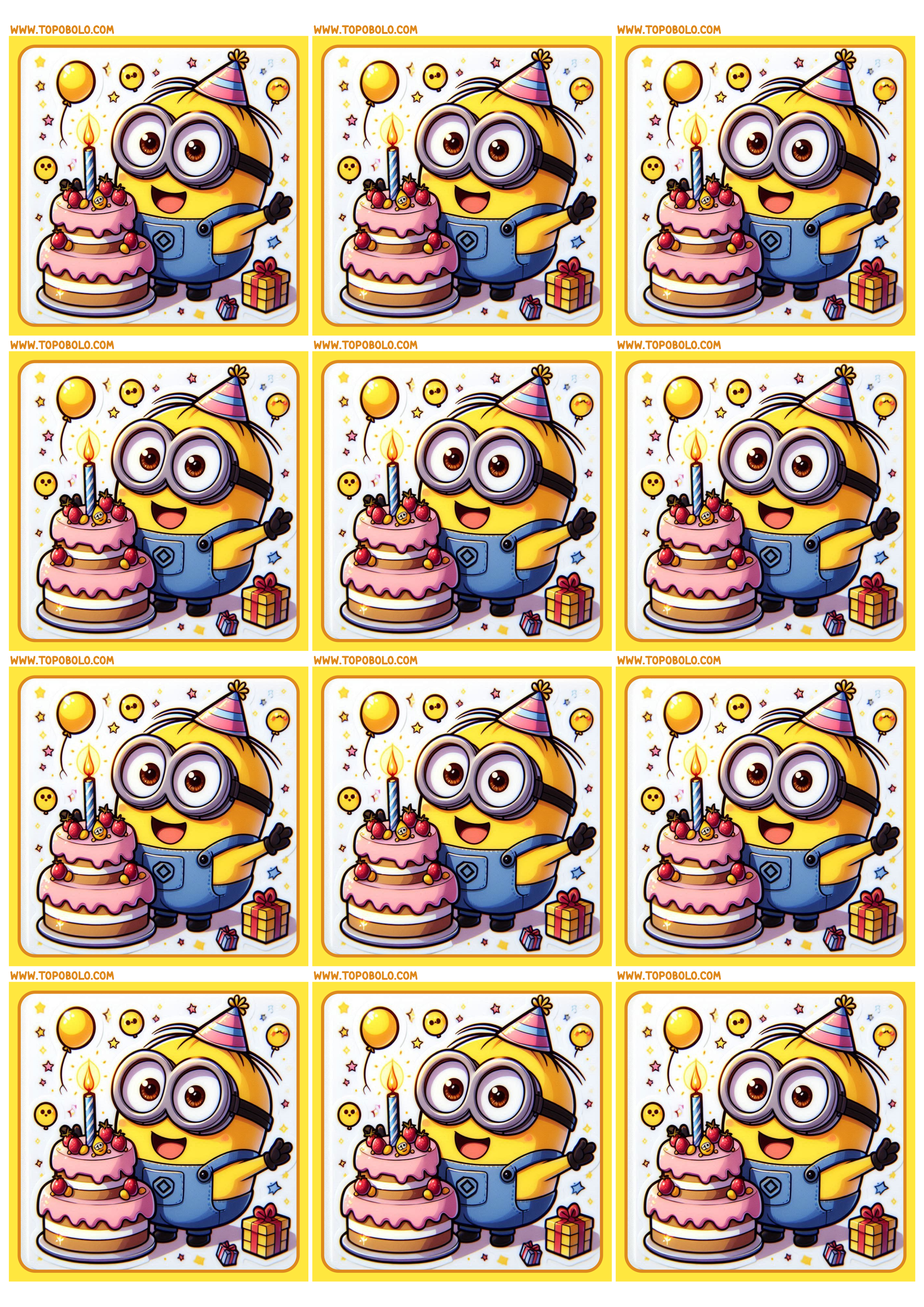 Minions adesivo tag sticker quadrado para imprimir e decorar sua festa infantil de aniversário papelaria 12 imagens png