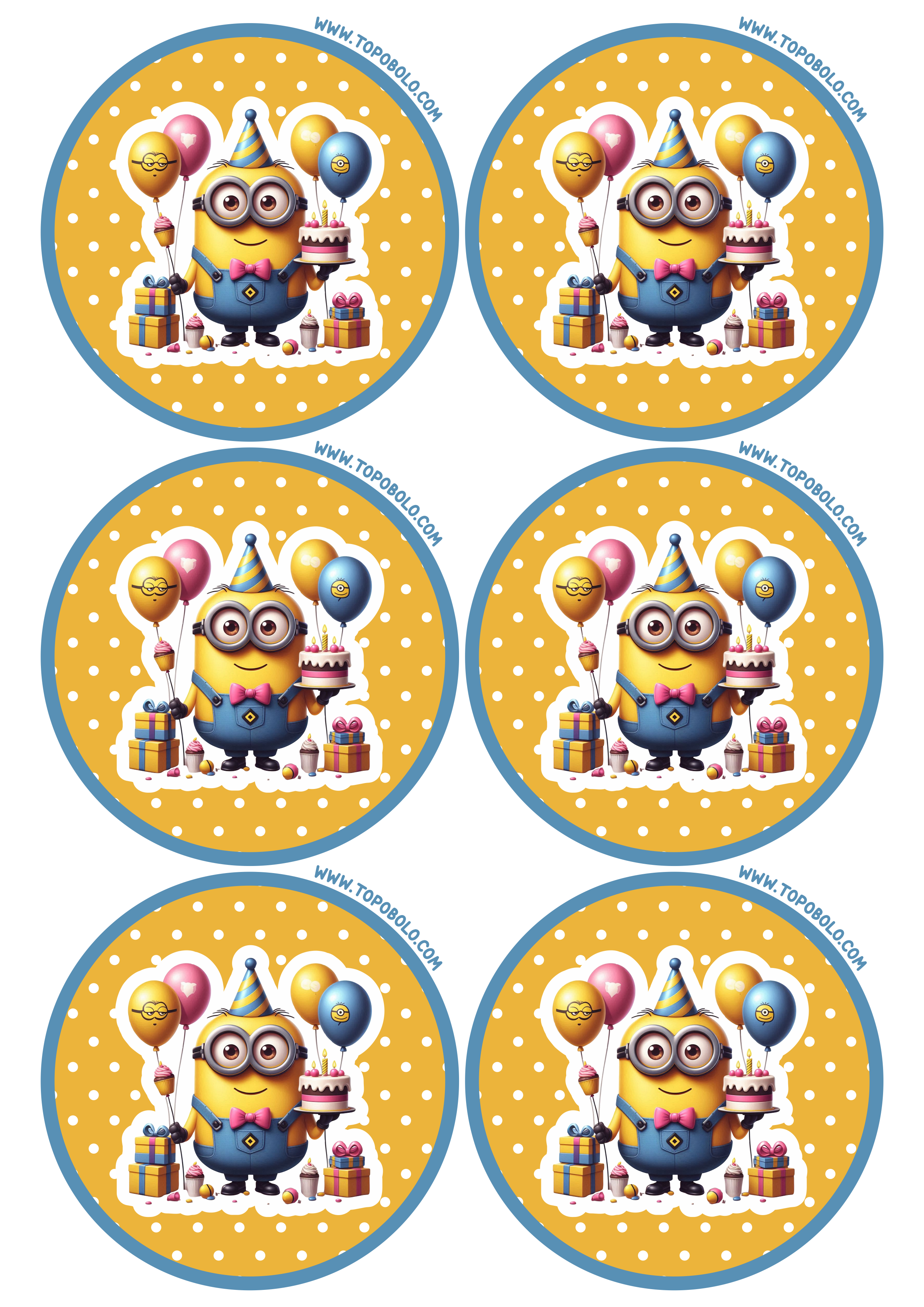 Adesivo redondo Minions decoração para festa de aniversário infantil pronto para imprimir artes gráficas 6 imagens png