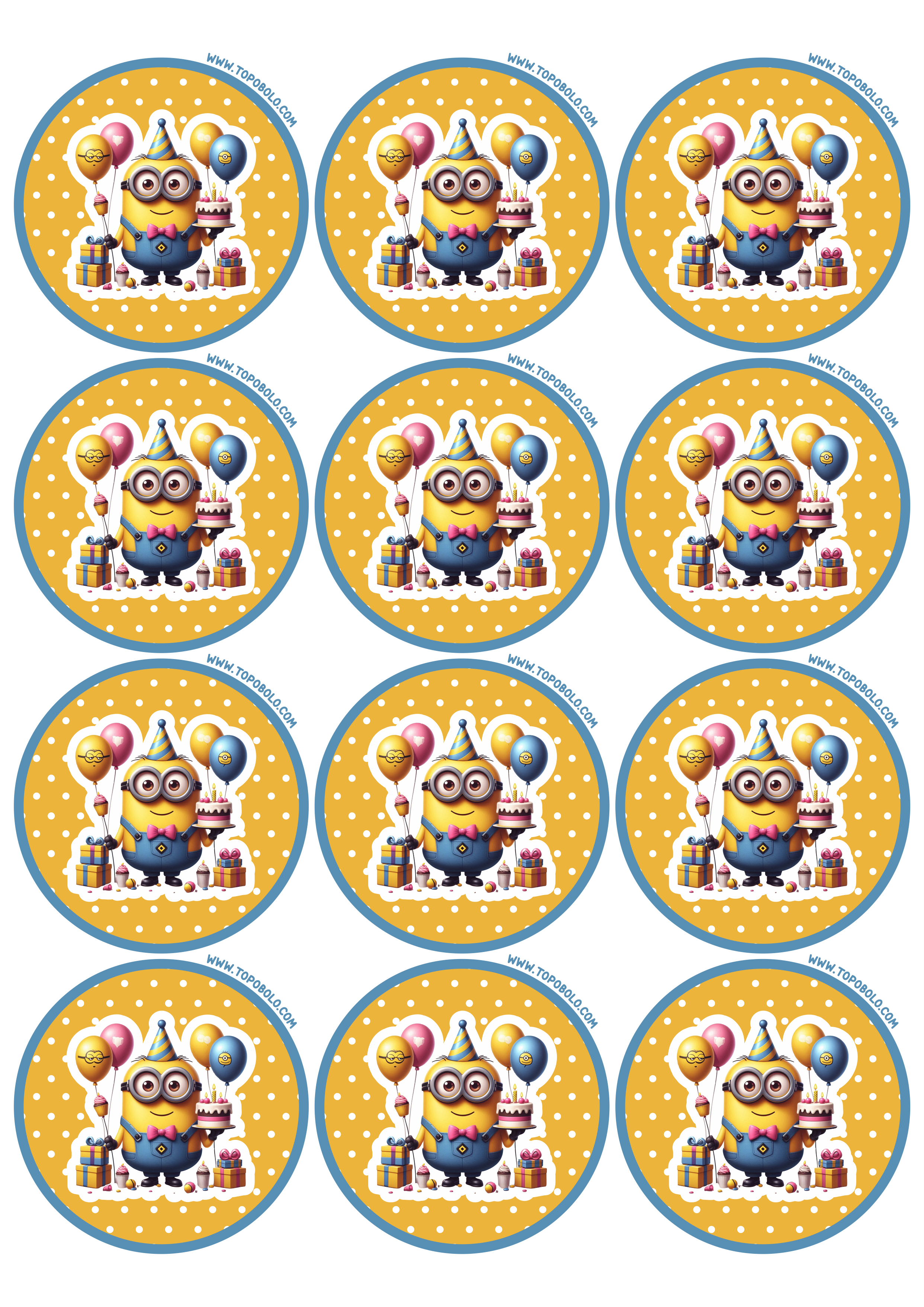 Adesivo redondo Minions decoração para festa de aniversário infantil pronto para imprimir artes gráficas 12 imagens png